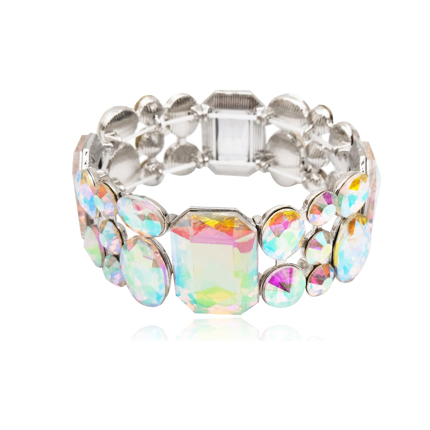 CSY Women's Statement Stretch Wide Bangle Bracelets Austrian Crystal Art Deco Elastic Bracelet for Party Prom (AB crystal-platinum)