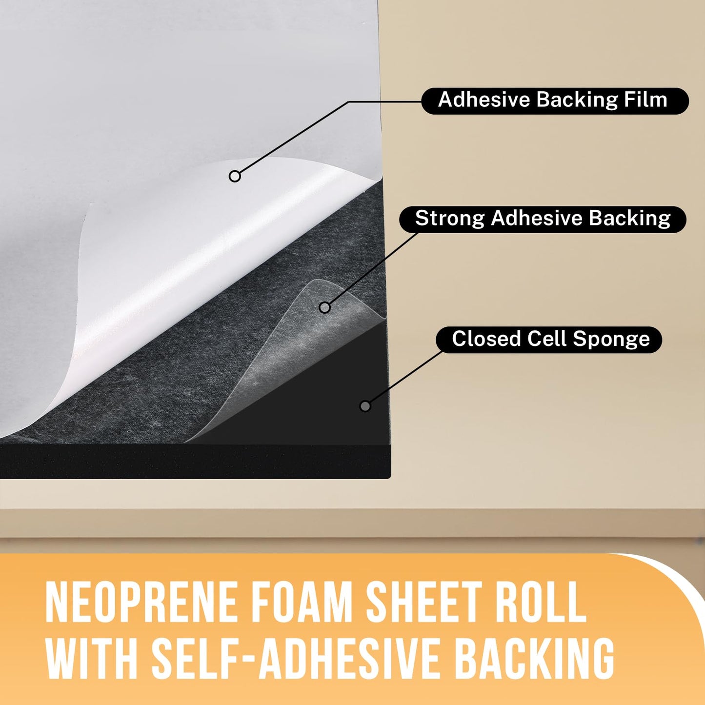 MYFULLY Neoprene Foam Sheet Roll with White Adhesive Backing, Closed Cell Sponge Rubber Padding, Soundproof & Waterproof Material for Cosplay, DIY, Crafts, Insulation (12 in x 59 in x 1/4 in)