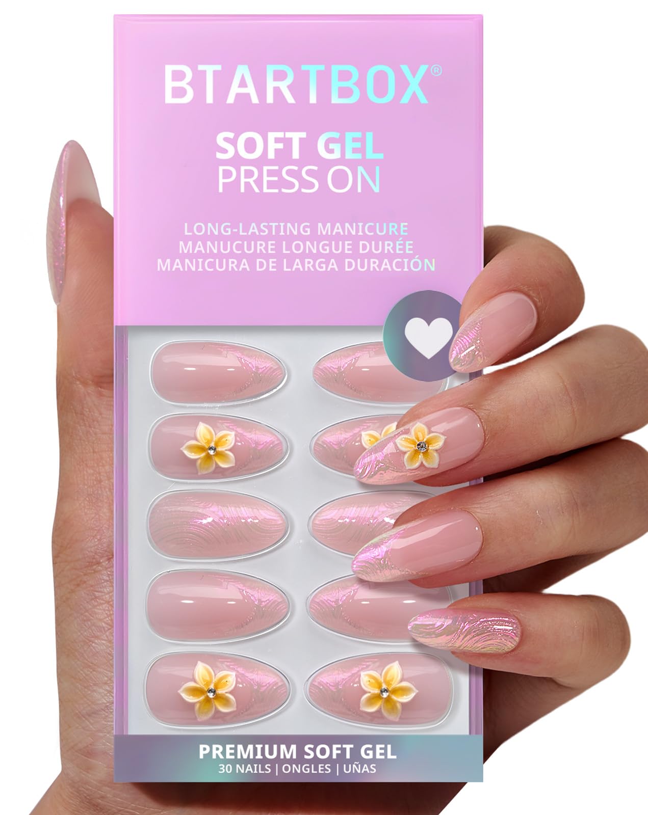 BTArtbox French Tip Press On Nails - Aloha Lei, Easy-to-Apply 3D Flower Medium Almond Press On Nails with Glue and Adhesive Tabs in 15 Sizes - 30 Nails All-in-One Kit