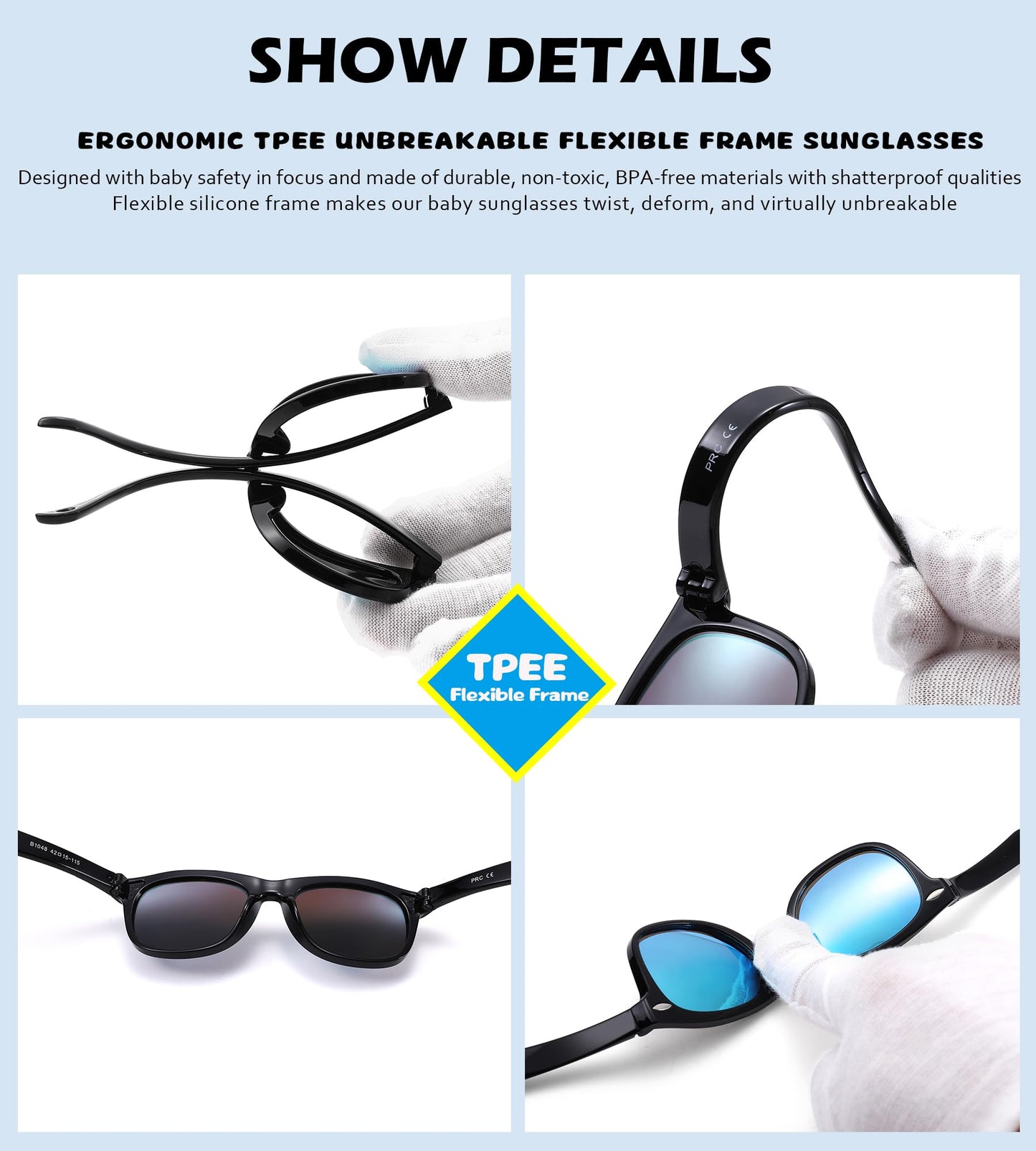 NULOOQ Polarized Baby Sunglasses with Strap - Unbreakable Flexible Infant Sunglasses for Toddlers Age 0-24 Months (Balck/Gray + Black/Blue + Black/Green) - 3 Pack