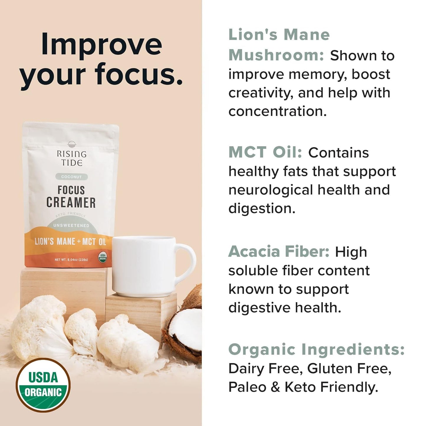 Rising Tide Organic Mushroom Superfood Creamer - Coconut Milk Powder, Lions Mane Mushrooms, & MCT Oil - Dairy Free, Unsweetened, Keto Friendly & Plant-Based - Only 4 Ingredients - Add to Coffee, Matcha or Smoothies