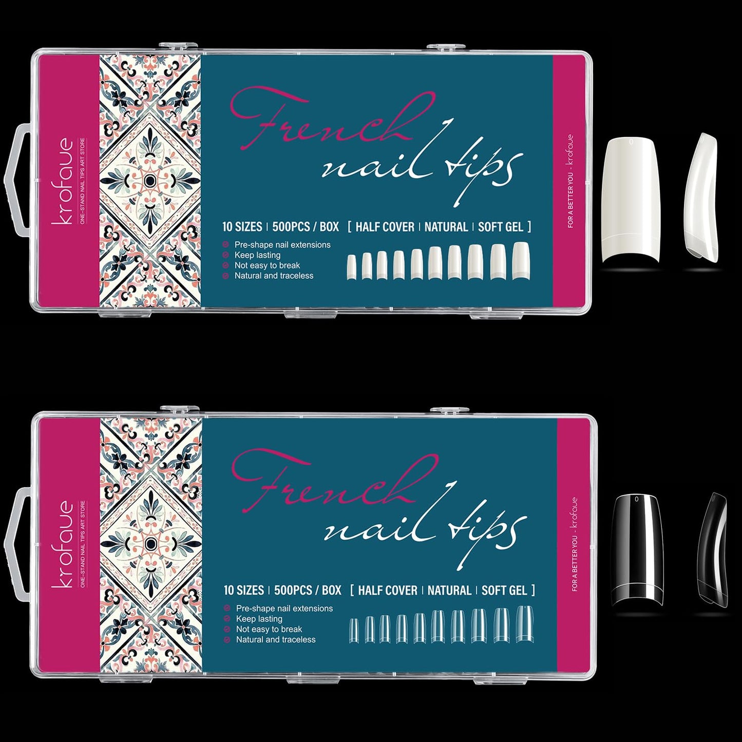 krofaue 500PCS Clear False Nails Tips & 500PCS Half Cover False Nails Tips
