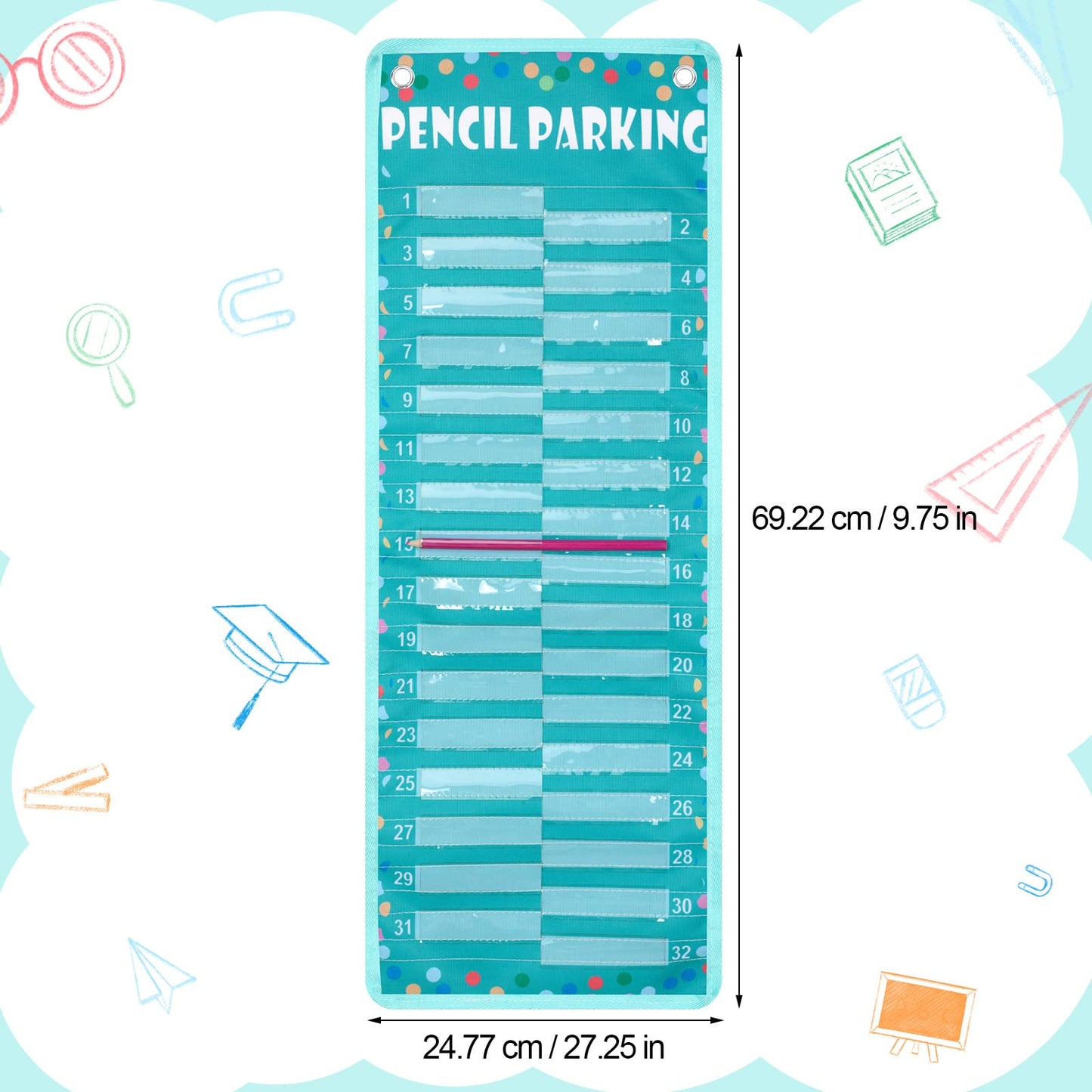 Sabary Pencil Parking Pocket Chart Pencil Dispenser Organizer Holder Nylon Fabric with Grommets and Magnetic Strip for Kids Teachers Classroom School Storage Supplies(Bright)