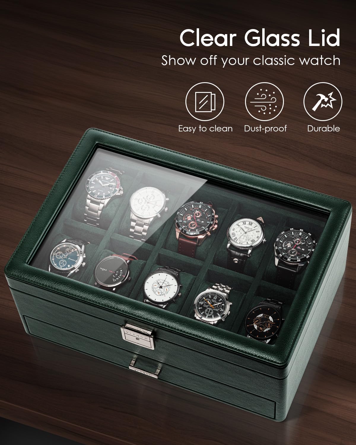 Vlando Watch Box for 10 slot, Lockable Watch Case with Textured Leather, 2 Layer Watch Holder for Rings, Bracelets, Glasses, Glass Lid, Removable Divider, Gift for Fathers, Husband, Friend, Dark Green