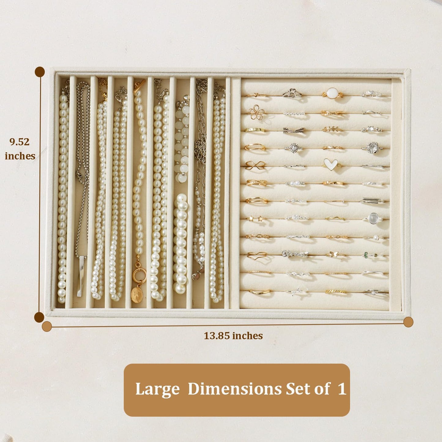 KATISYIO Large Jewelry Organizer for Drawer Insert Velvet Stackable Jewelry Trays for Earring Necklace Bracelet Ring Display (Beige, Ring and 9 Grids)