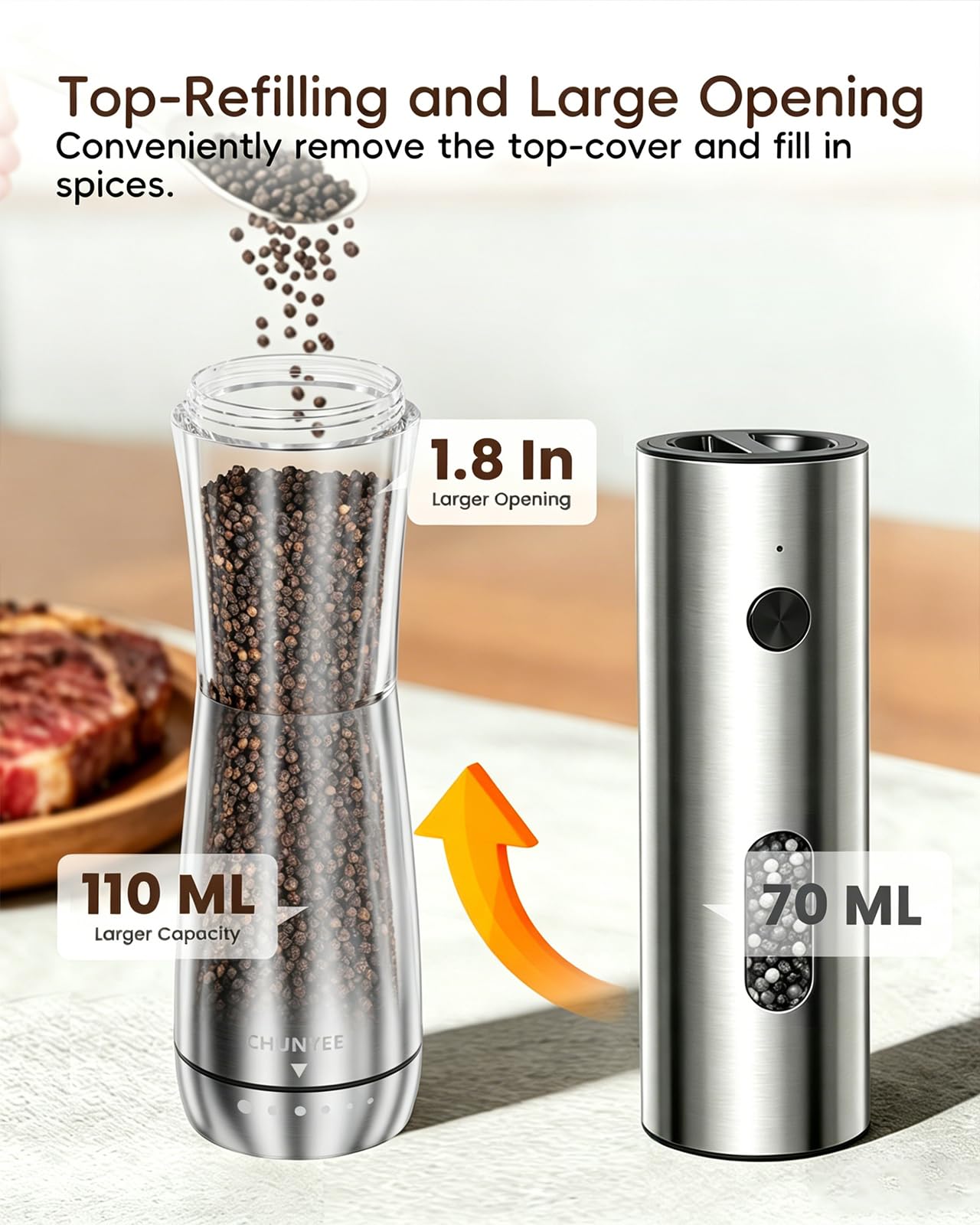 Electric Salt and Pepper Grinder Set - Automatic Stainless Steel Rechargeable Salt and Pepper Grinder Set with Storage Base, Large Capacity, LED Light & Adjustable Coarseness, Ideal Kitchen Gadget