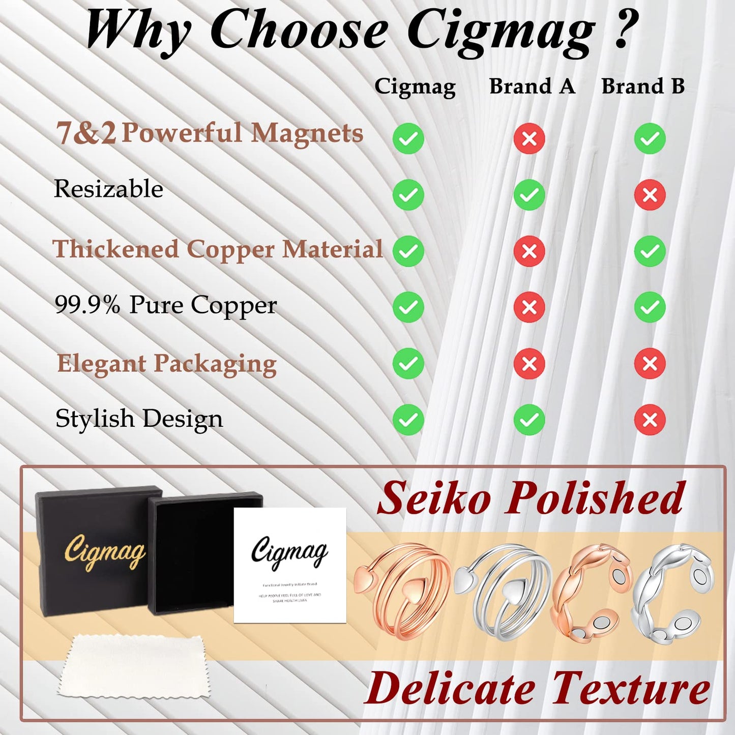 Cigmag 4PCS Copper Rings for Women Magnetic Rings Strong Magnets Pure Copper Adjustable