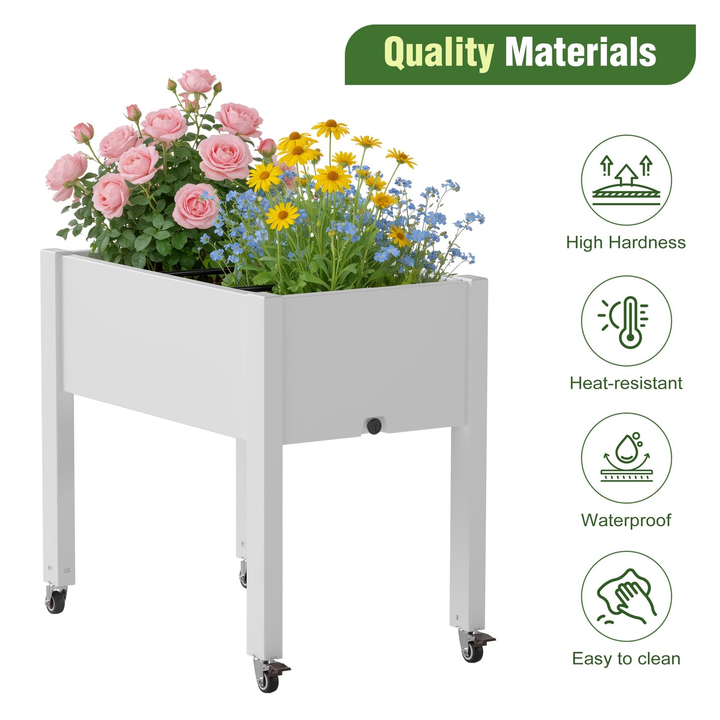 WTFGO Elevated Raised Garden Bed with Wheels - Outdoor Mobile Resin Planter Box with Drainage Holes for Vegetables Flower Herbs, Weather Resistant, Ashen (26.3" h)