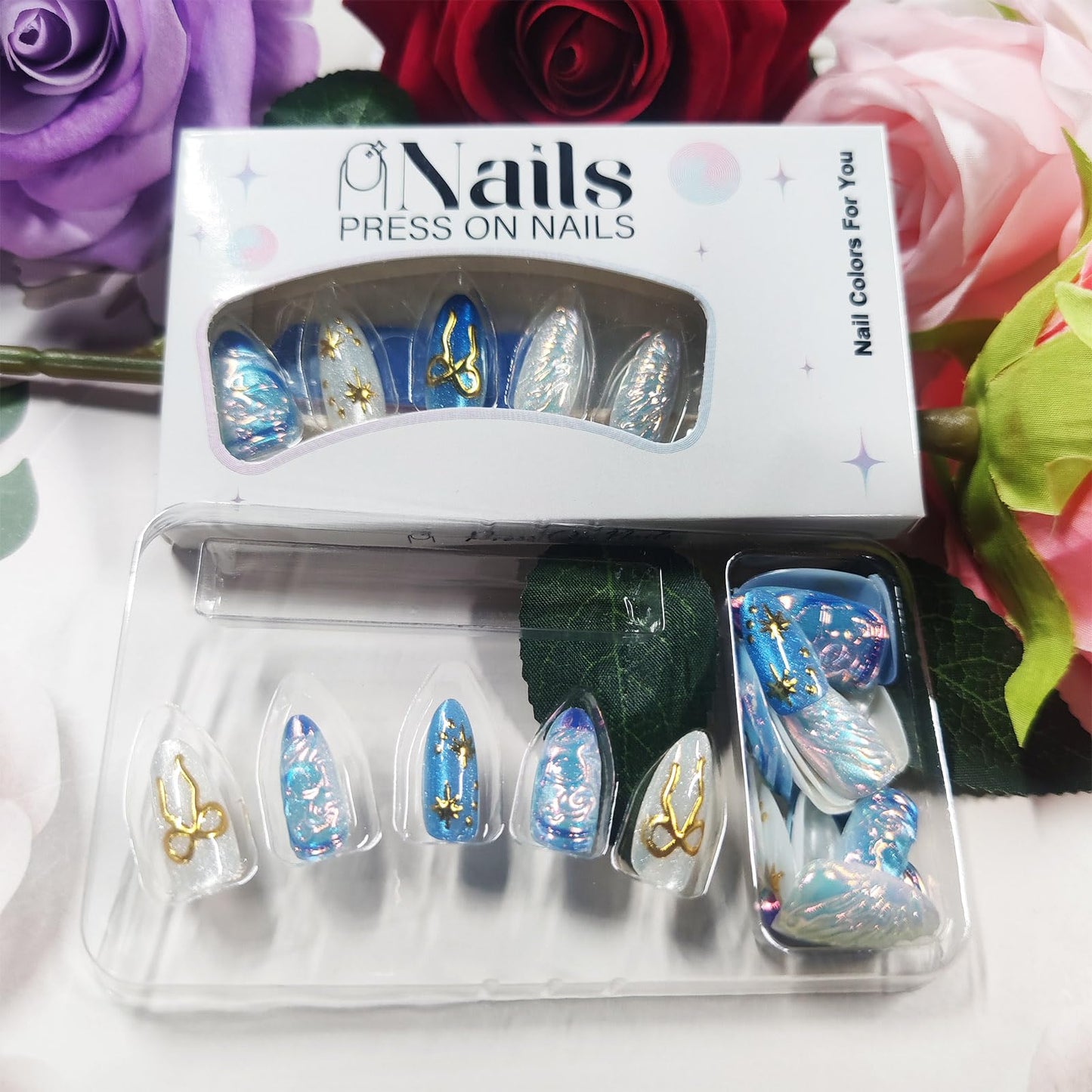 3D Bow Tie Press on Nails 30 Pcs Stars Acrylic Fake Nail Glossy Blue Glitter Stellar River Stick on Fingernails Valentines Almond Medium False Nails Curve Gel Glue on Nail for Women Valentine's Gift