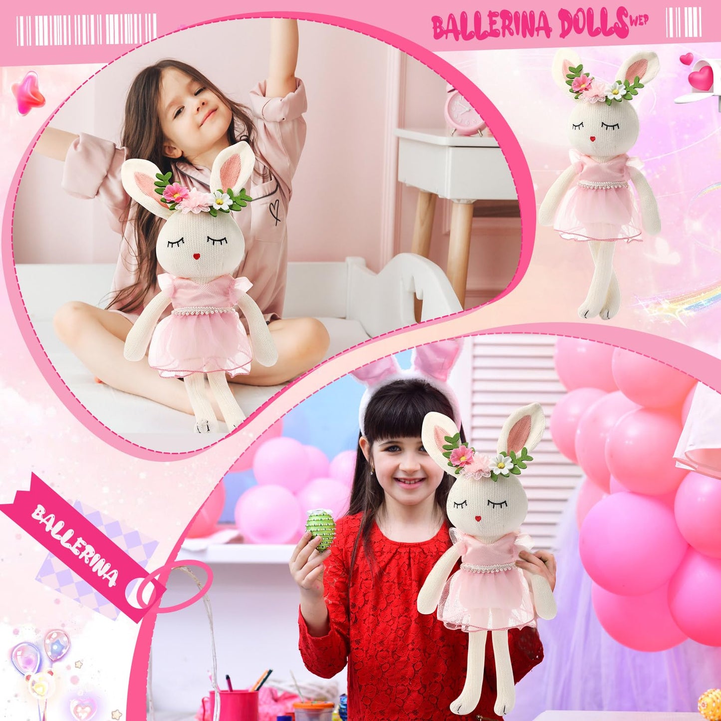 Meooeck 2-piece 16 Inch Bunny Ballerina Doll - Cute Soft Bunny Stuffed Animal Knitted Ballerina Toy, 2 Colors