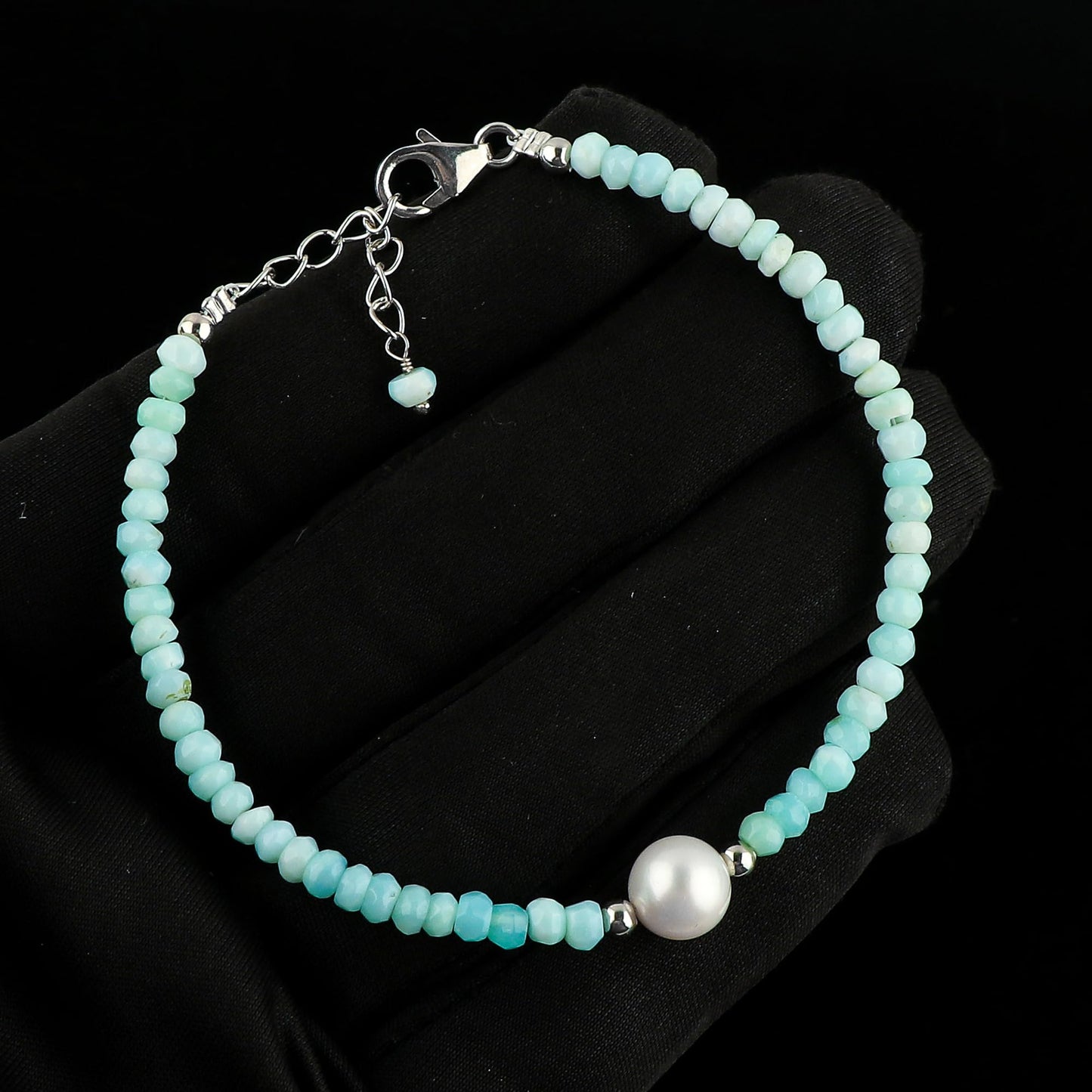 CRYSTALIS Natural Peruvian Opal Beads Adjustable Bracelet with Elegant Pearl, High Grade Gemstones, Chakra Healing Stones, Gift Giving Jewelry, 925 Sterling Silver Womens Bracelet 8 inch