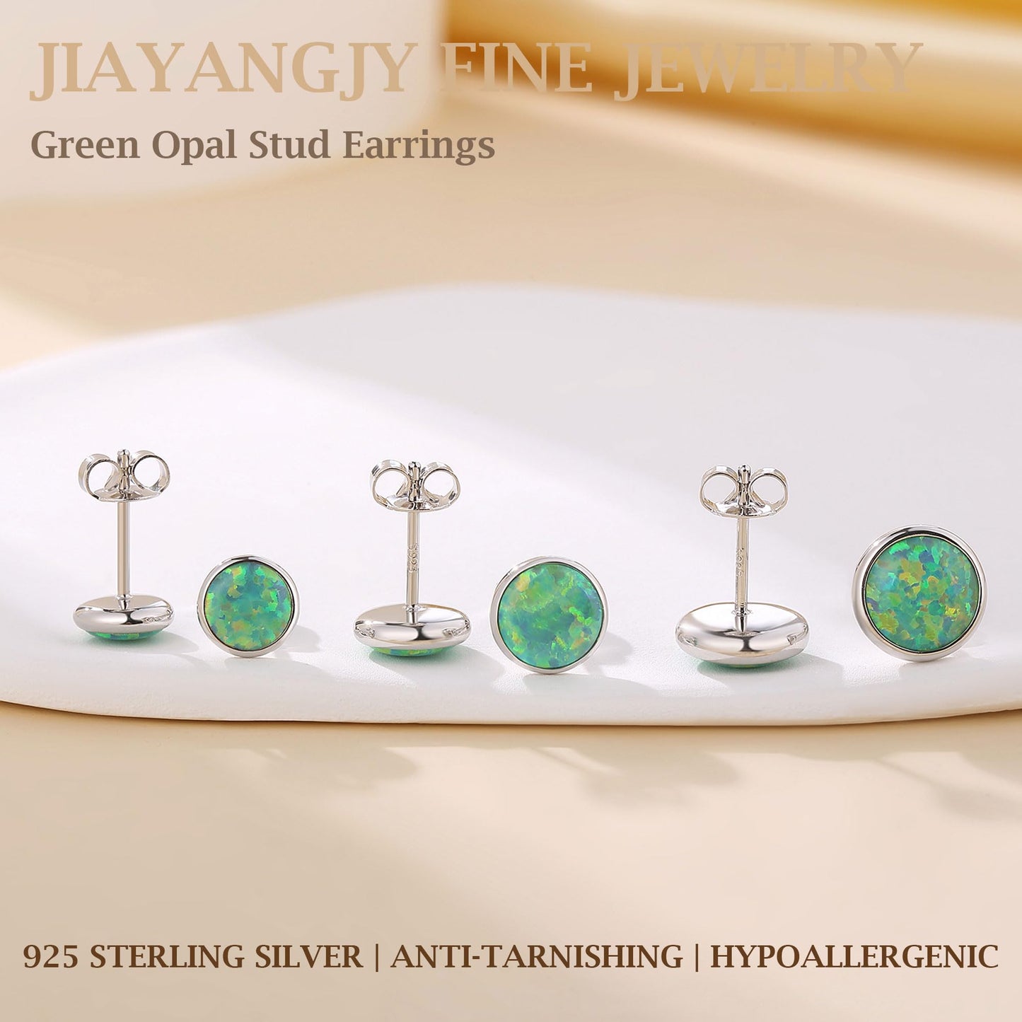 JiayangJY Silver Green Fire Opal Stud Earrings for Women Sterling Silver Round Shape 6mm Opal Earrings with Push Back
