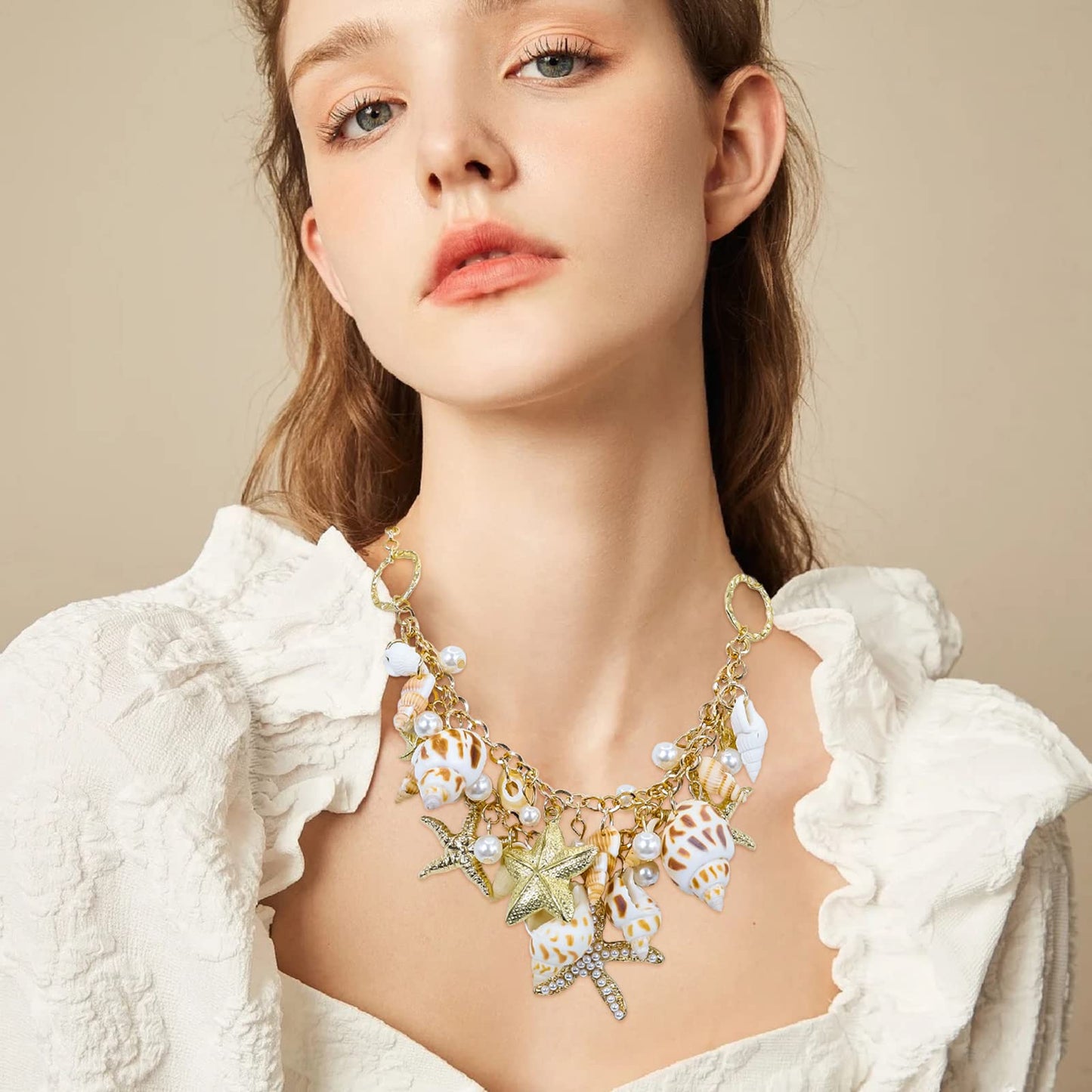 Halawly Shell Necklace Choker - Mermaid Tail Fashion Sea Starfish Faux Pearl Collar Bib Statement Chunky Pendant Set