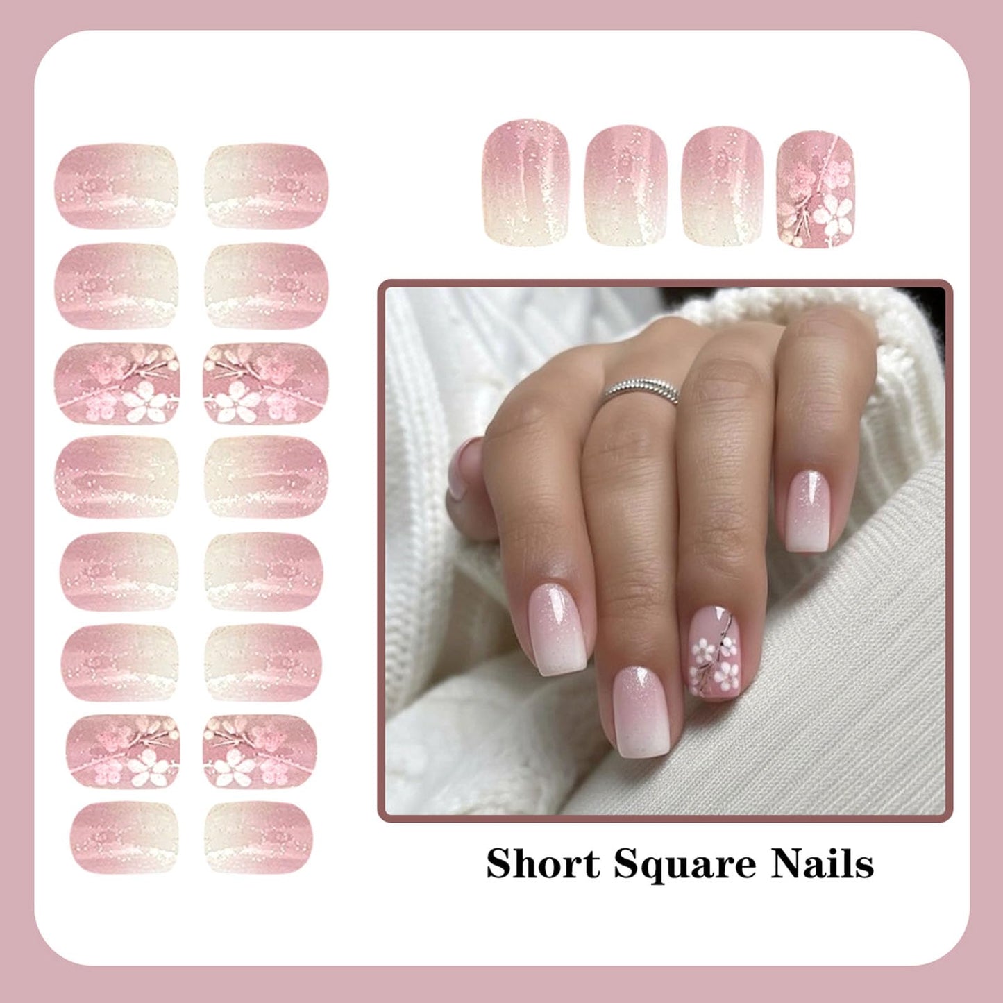 Pink ombre Press on Nails Short Square Glue on Nails with Flowers Glitter Gradient Designs White Fake Nail Full Cover False Nail Press ons Artificial Acrylic for Women 24Pcs