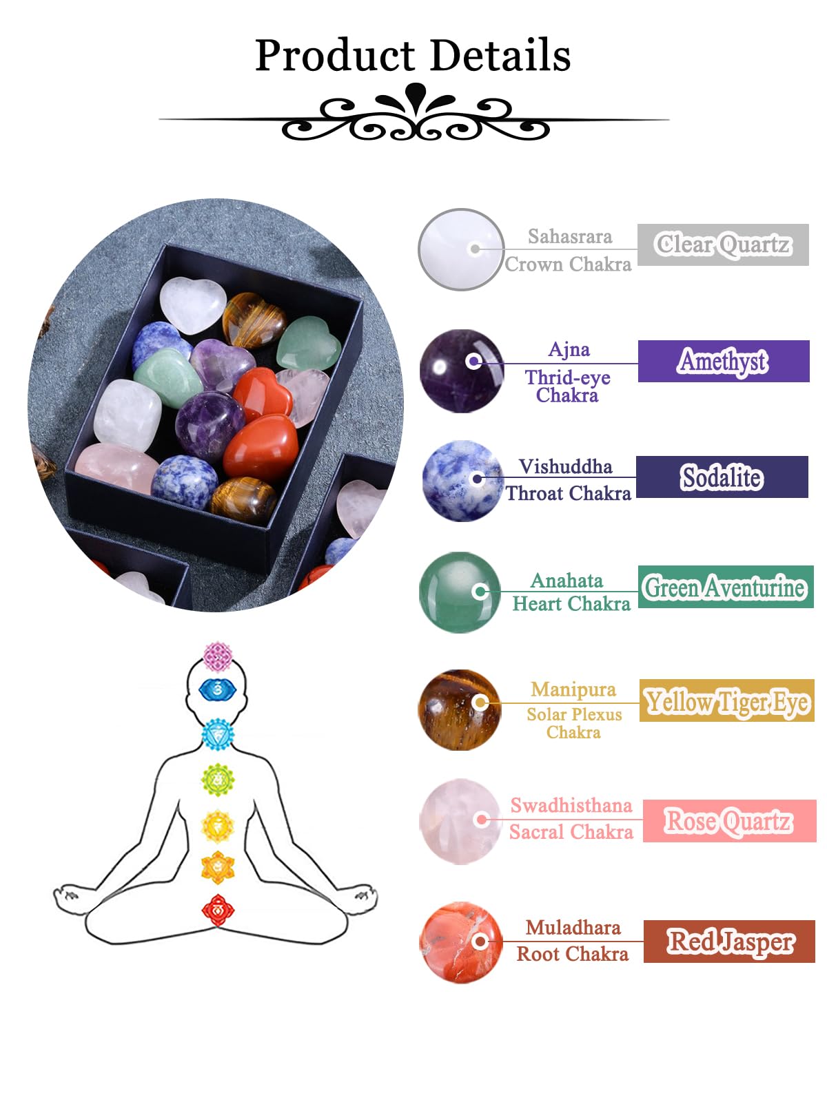 MANIFO Healing Crystals Stones Set in Box, 7 Chakra Crystal Heart Gemstone with Tumble Stone for Chakra Meditation Christmas Gifts