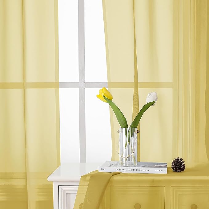 Lecloud Yellow Sheer Curtains 63 Inch Length 2 Panels, Light Filtering Voile Curtain Drapes for Bedroom Basement, Dual Rod Pocket Living Room Elegant Window Treatments, 40" W x 63" L