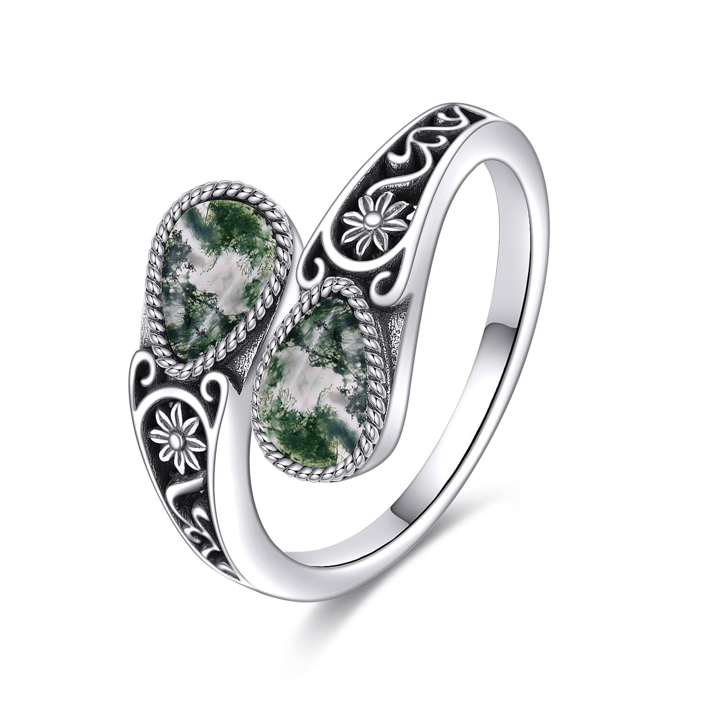 POPLYKE Sterling Silver Moss Agate Filigree Spoon Ring Vintage Thumb Rings Boho Adjustable Open Ring Statement Jewelry Gifts for Women