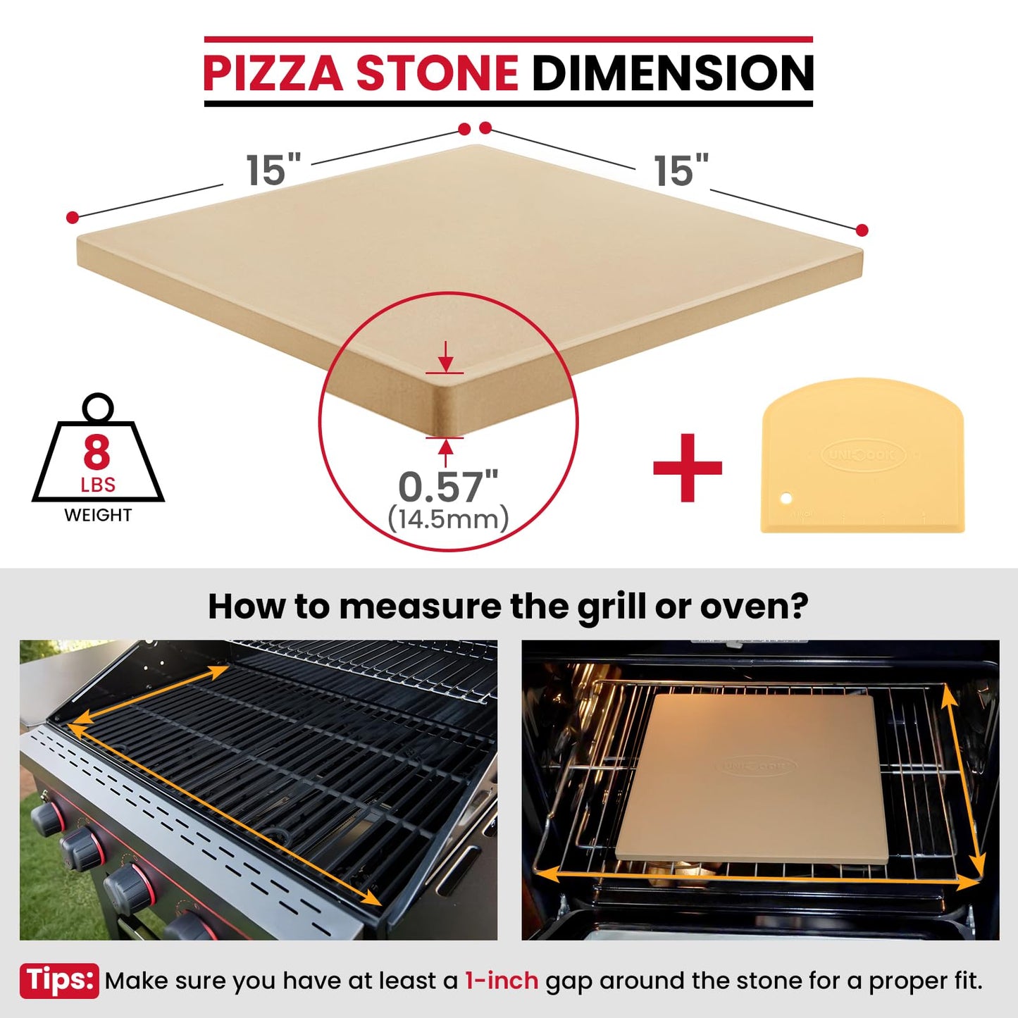 Unicook Pizza Stone 15 Inch, Premium Baking Stone for Oven Grill, Square Cordierite Bread Pizza Pan, Thermal Shock Resistant, Includes Scraper