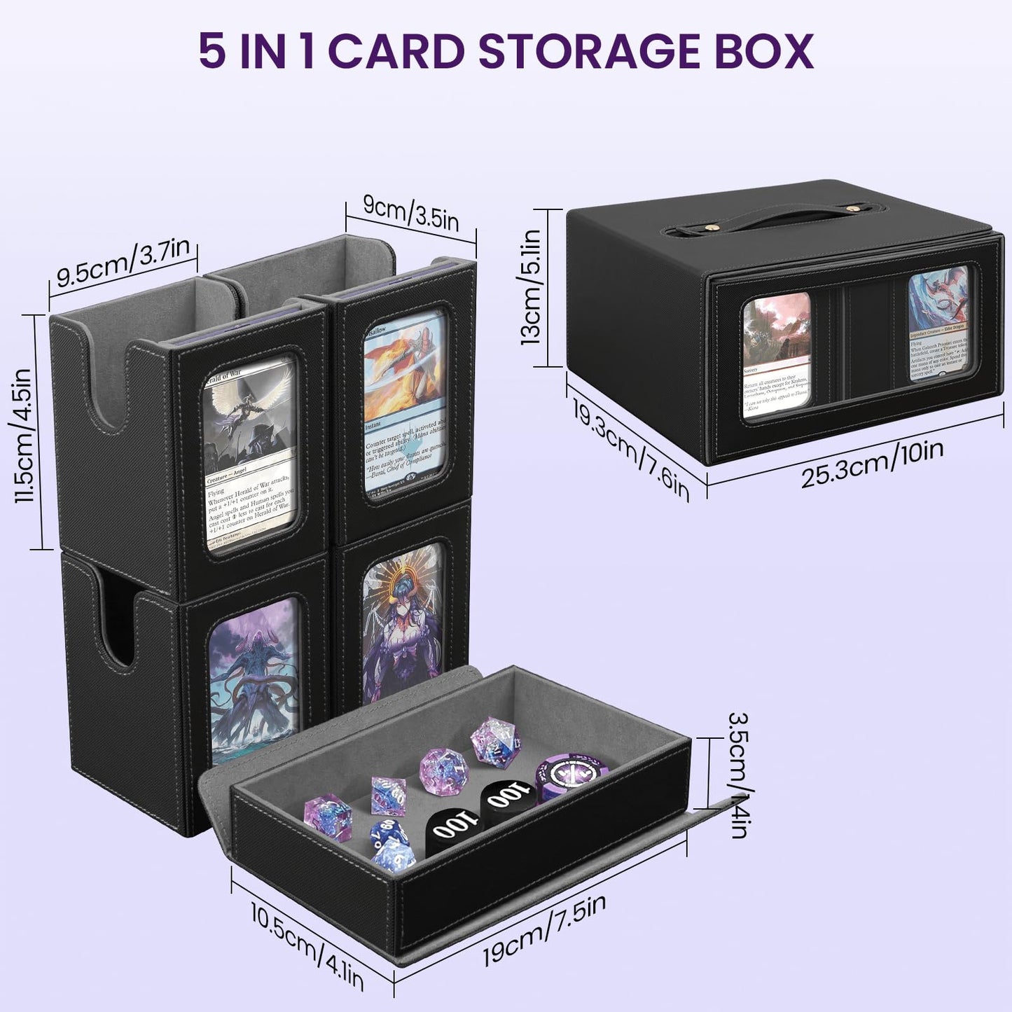 UAUZA Commander Deck Box for MTG, Holds 400+ Double-Sleeved Cards, Card Storage Case with Display Windows, Dice Tray & Handle, Trading Card Organizer with Dividers & Card Holders for TCG, Black Grey