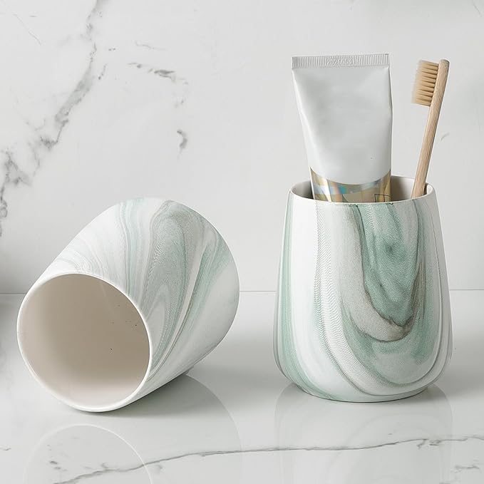 Marble Green Toothbrush Holder for Bathroom - Ceramic Tooth Brushing Holders, Toothbrush Cup, Toothpaste Organizer for Bathroom Countertop, Makeup Brush Holder, Pen Holder for Home Desktop Storage