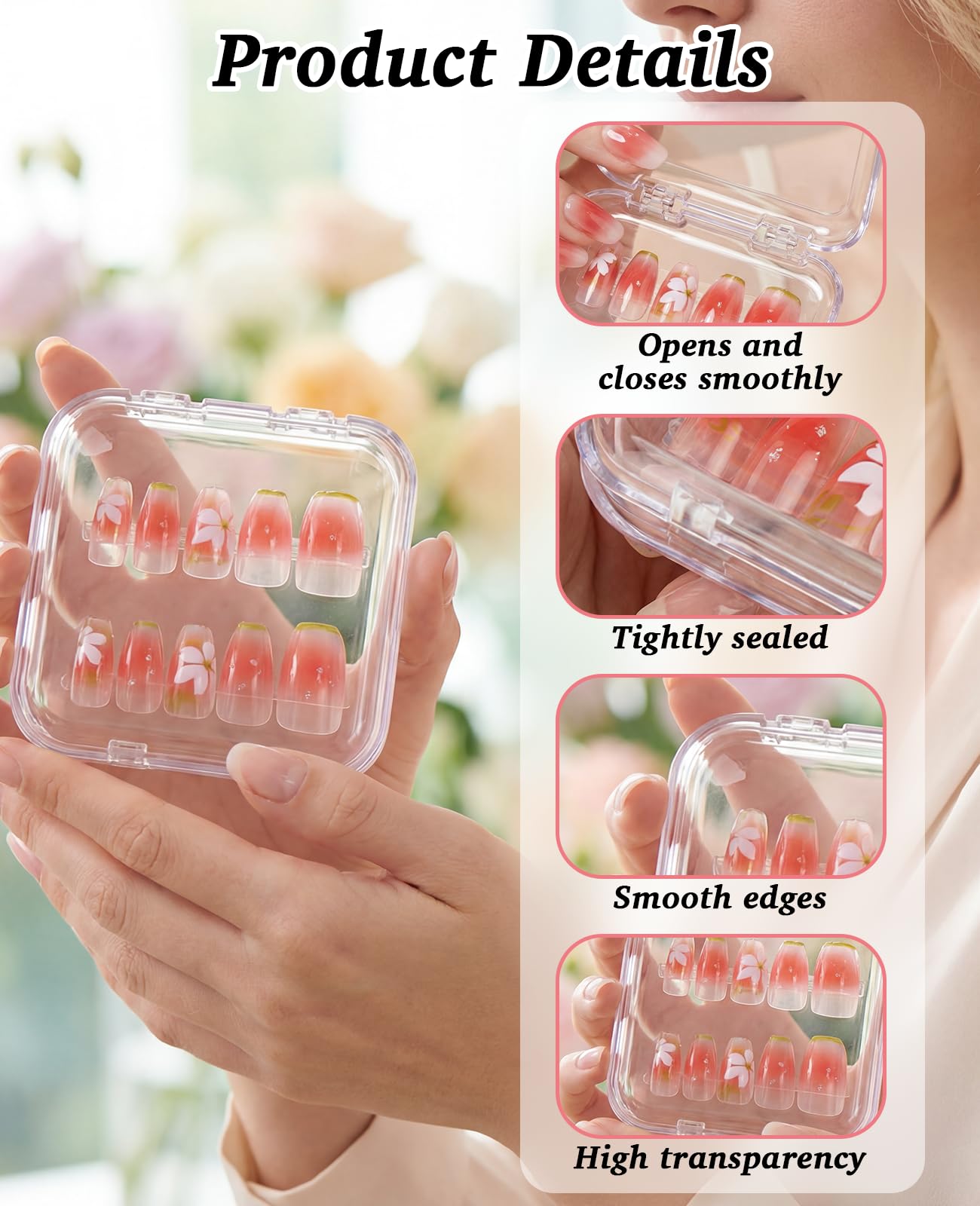 PASDUCHAS 48 Pcs Nail Boxes for Press Ons, Fake Nail Storage Case Packaging Container with 120 Adhesive Double Sided Tape