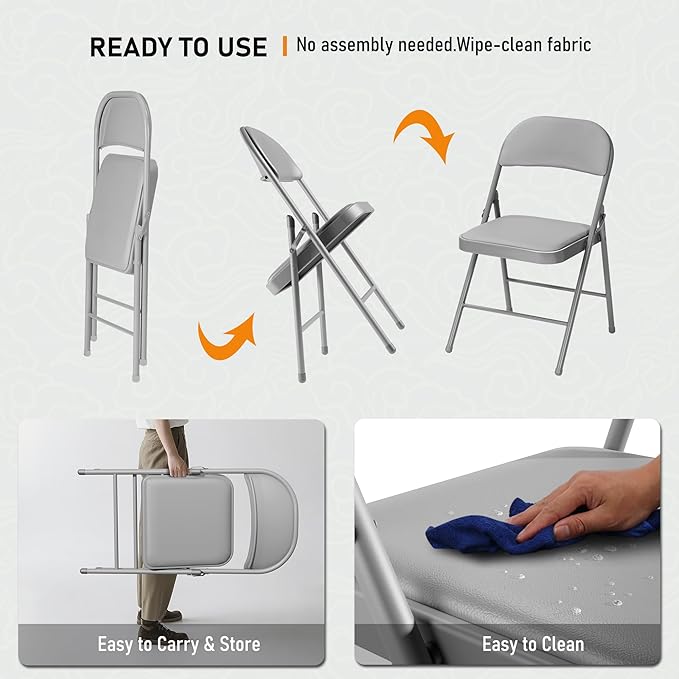 SEALAMB 10 Pack Grey Folding Chairs with Padded Seats & Cushion, Durable Metal Foldable Chairs for Wedding Party, Commercial Chairs for Office School Church Events, 330lb Capacity (Grey-PU, 10 Pack)