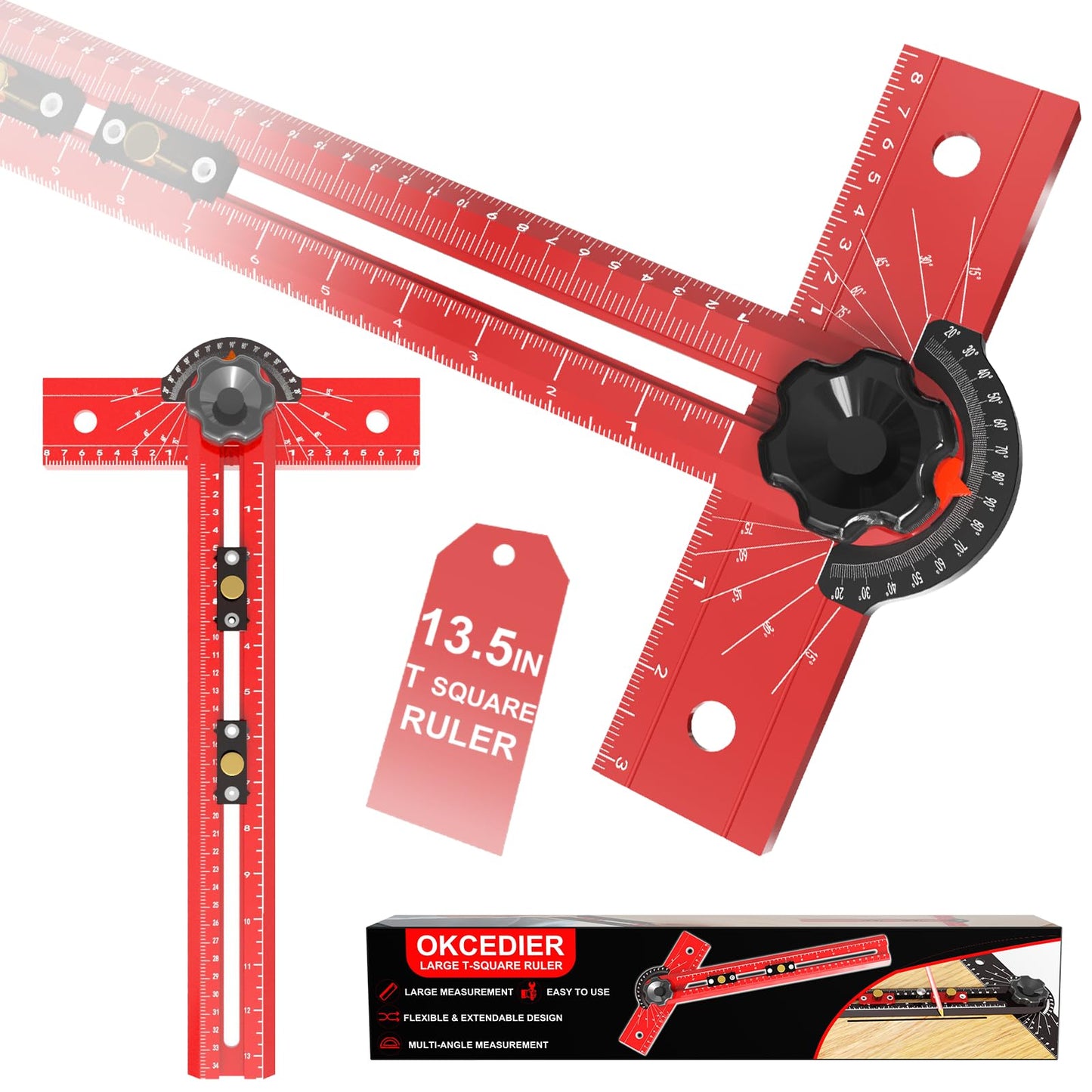 OKcedier Woodworking T Square Ruler, Precision Drilling Positioning Measuring Tools, Adjustable Aluminum Alloy Sliding 13.5 Inch T-Square Ruler with Angle Adjustment for Carpenter Work and Architect