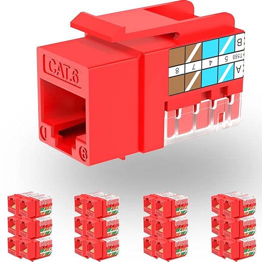 Rapink RJ45 Keystone Jack Cat6 10G Support, Keystone Jacks UTP 25 Pack for Wall Plate and Patch Panel, Rj45 Keystone 90 Degree Red Color for Cat6, Cat5e, Cat5 Cabling