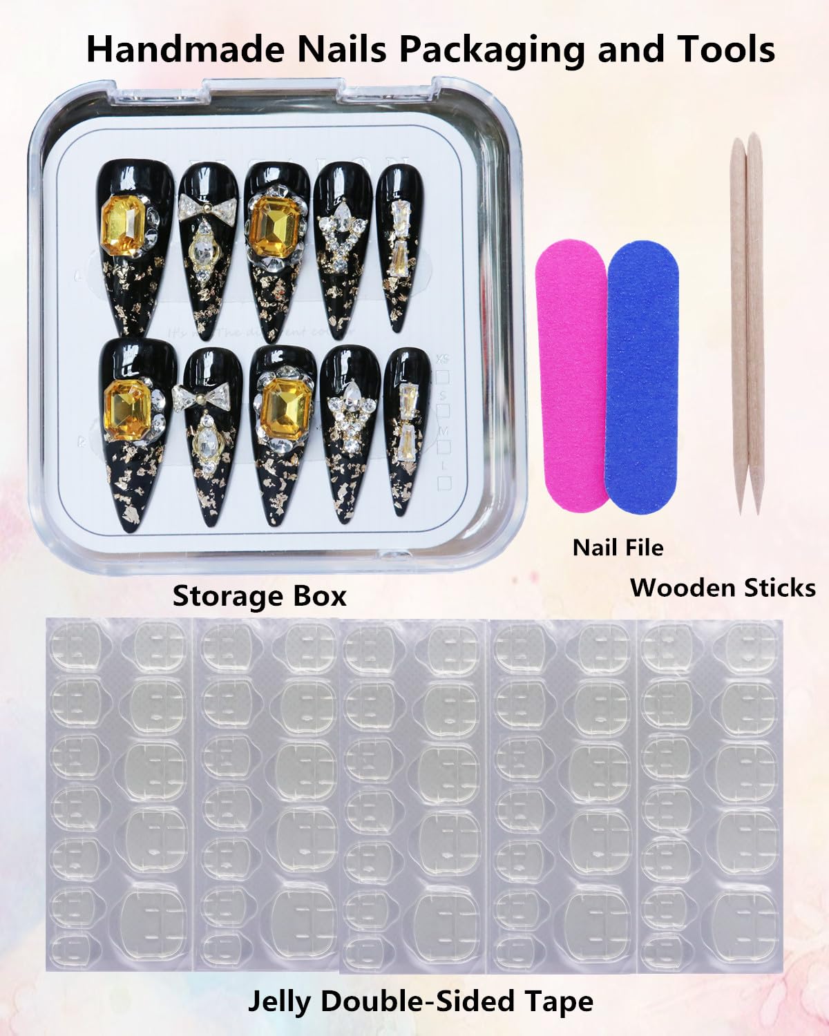 CAMILCY Luxury Handmade Press on Nails Black Gold Stiletto Glossy Reusable Long Fake Nails with Gold Foil Salon Quality Elegant Acrylic Artificial Nails for Women 10pcs(A020, S)