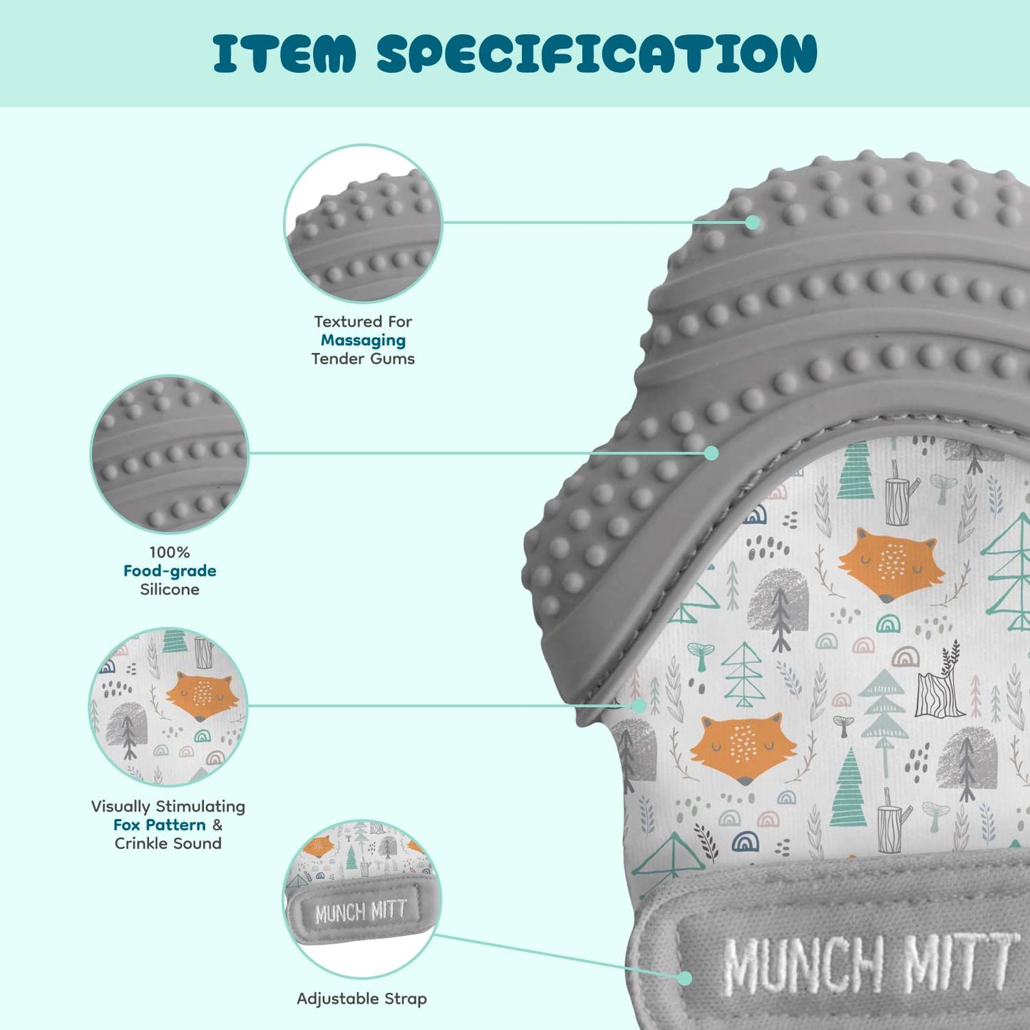 Malarkey Kids Patented Teething Mitten, Munch Mitt Baby Chew Toy - Protects Hands from Chewing & Saliva, Heals Aching Gums, Promotes Sound & Visual Stimulation for Babies - Grey Fox
