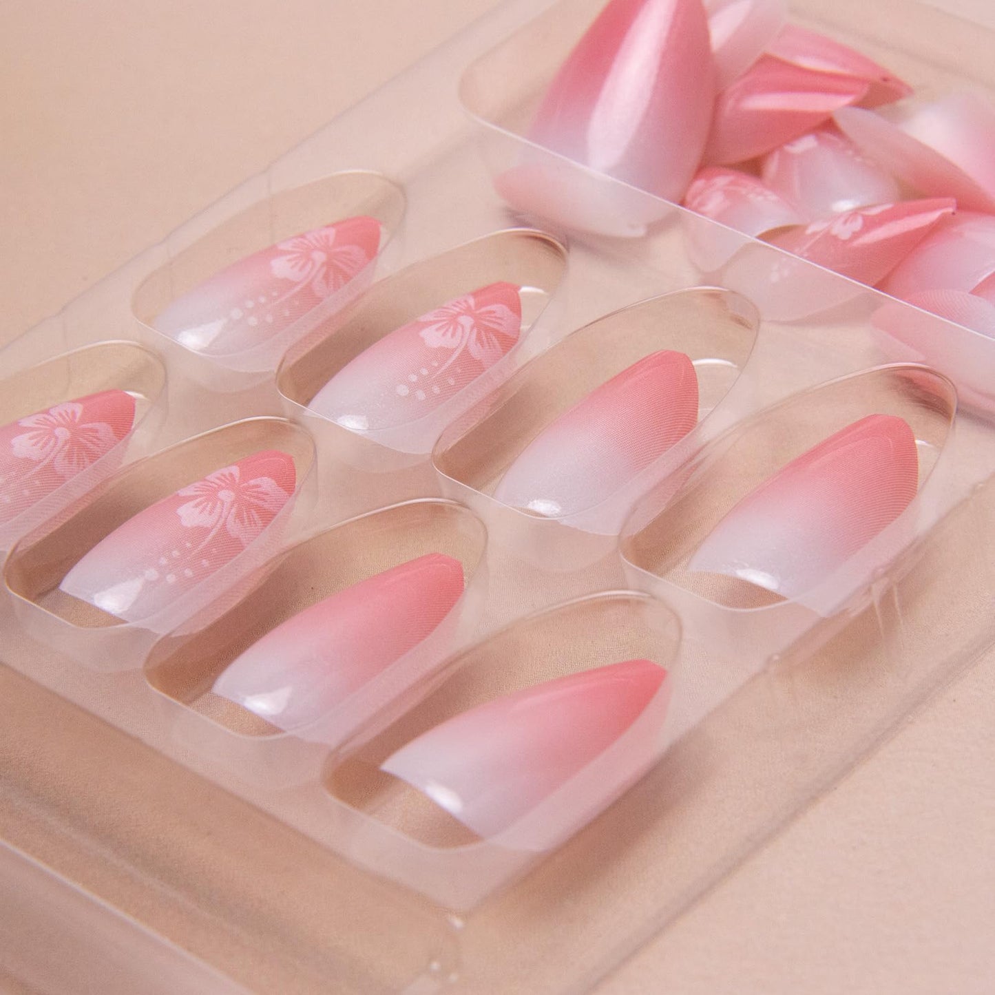 Ombre Press on Nails - Short Almond Pink Flowers Acrylic False Nails Glossy Gradient 24Pcs