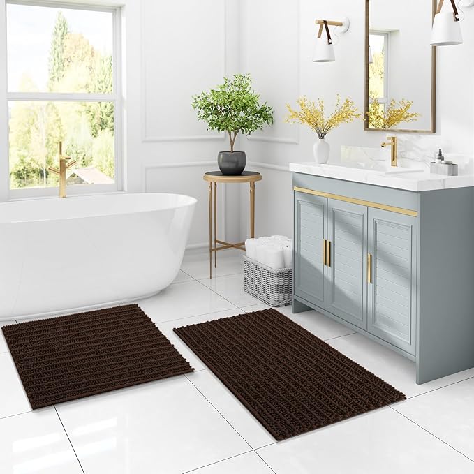 Arotive Luxury Chenille Bathroom Rug Mat, Extra Soft Thick Absorbent Shaggy Bath Rugs, Non-Slip Machine Wash Dry, Plush Bath Mats for Bathroom, Shower and Tub, 59x35, Brown