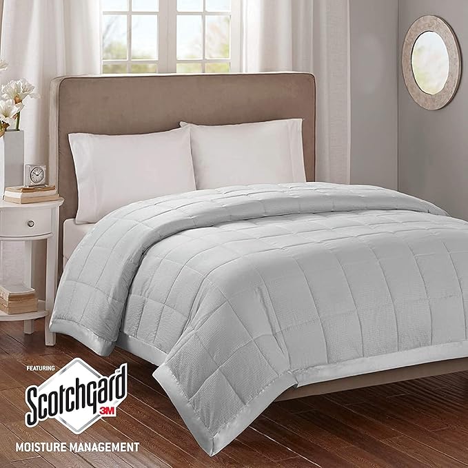 Madison Park Cambria Down Alternative Blanket, Premium 3M Scotchgard Moisture Wicking Treatment, Lightweight and Soft Bed Cover For Summer with Satin Trim, Oversized King Gray