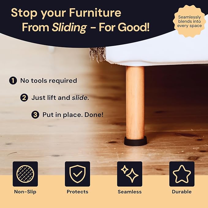 CasterMaster Non Slip Furniture Pads for Hardwood Floors - 4x4 Black Round Caster Cups - Rubber Feet for Furniture - Anti Slip Couch & Furniture Grip - Bed Frame Feet Protectors (Set of 4)
