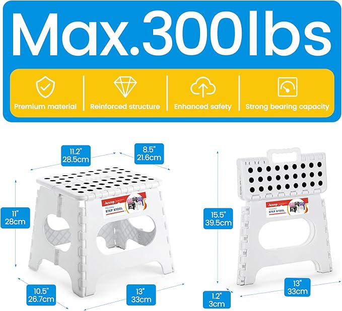 ACSTEP Folding Step Stool for Adults and Kids 11 Height Lightweight Plastic Stepping Stool Foldable Step Stool Hold up to 300lbs Non Slip Collapsible Stool for Kitchen, Bathroom, White