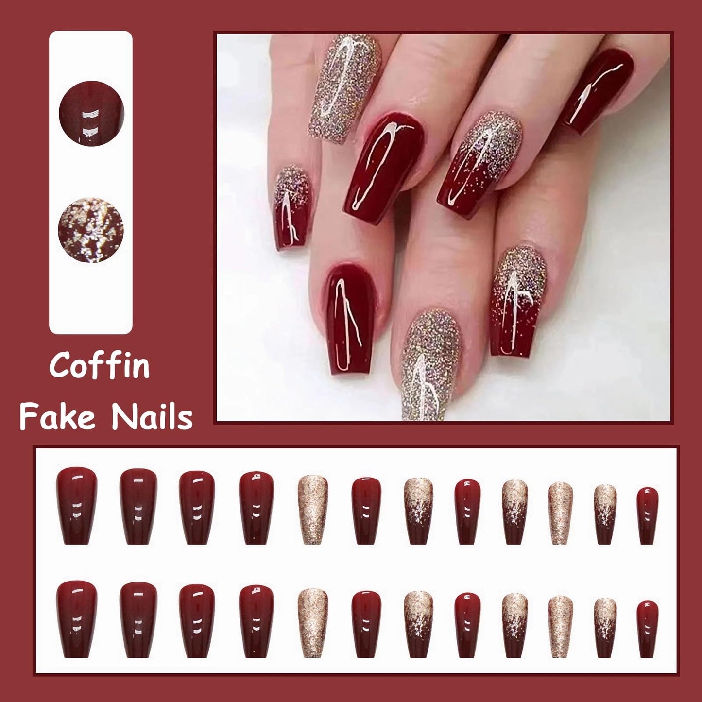 MISUD Press on Nails - Long Coffin Fake Nails with Wine Red, Acrylic Bling Gold Glitter Burgundy Design 24 pcs
