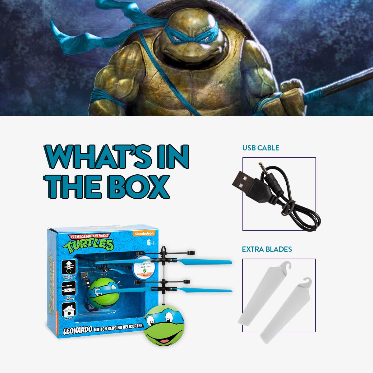 World Tech Toys Ninja Turtles Leonardo Flying Toy – Motion Sensing Flying Ball with USB Charging - TMNT Licensed - Indoor/Outdoor Drone for Kids Ages 6+