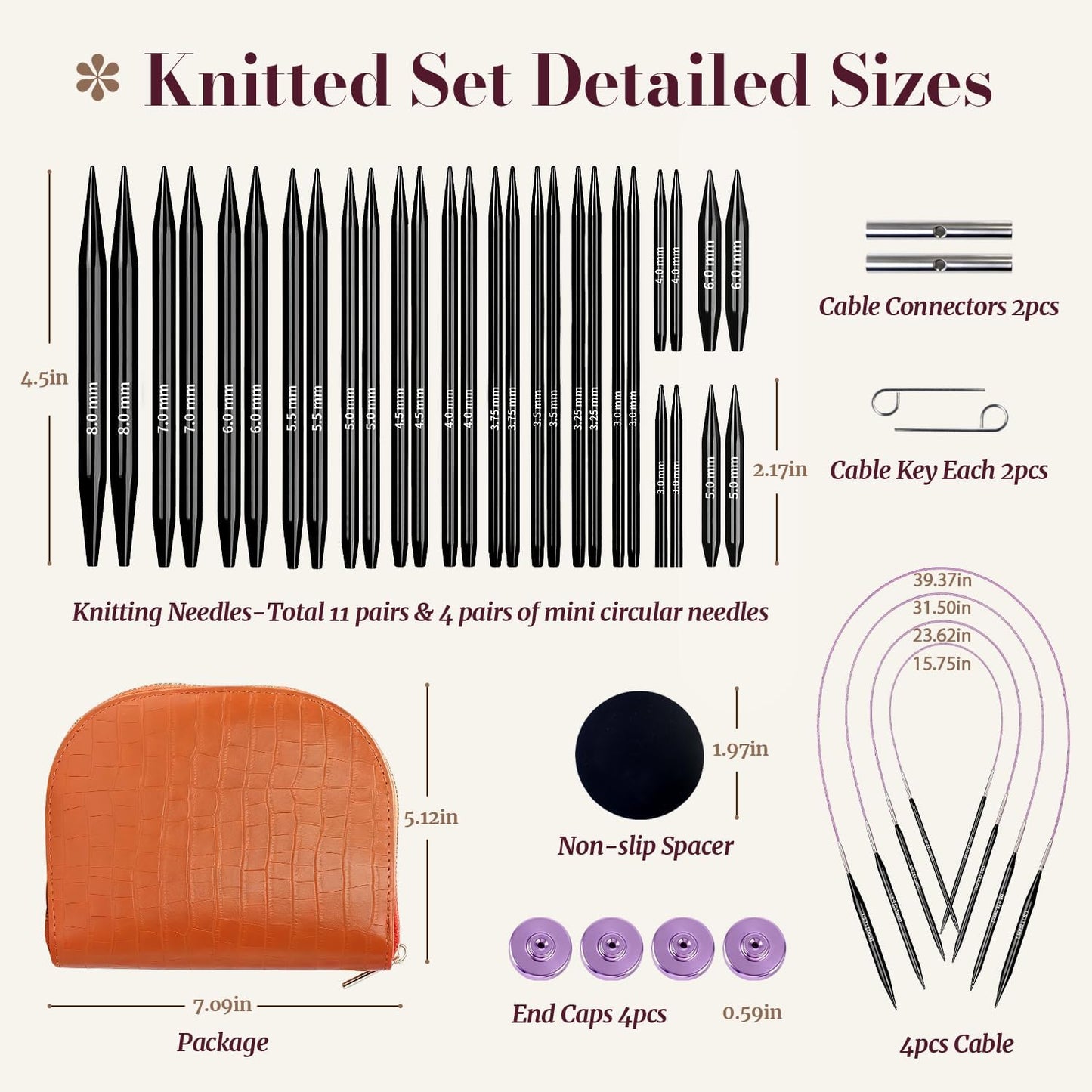 Yarniss 15 Pairs Circular Knitting Needle Combo, 4.5-Inch Round Knitting Needle 3.0~8.0mm, 2.16-Inch Shorties Needles US Size 2.5-10, Interchangeable Aluminum Cable Needles with Case
