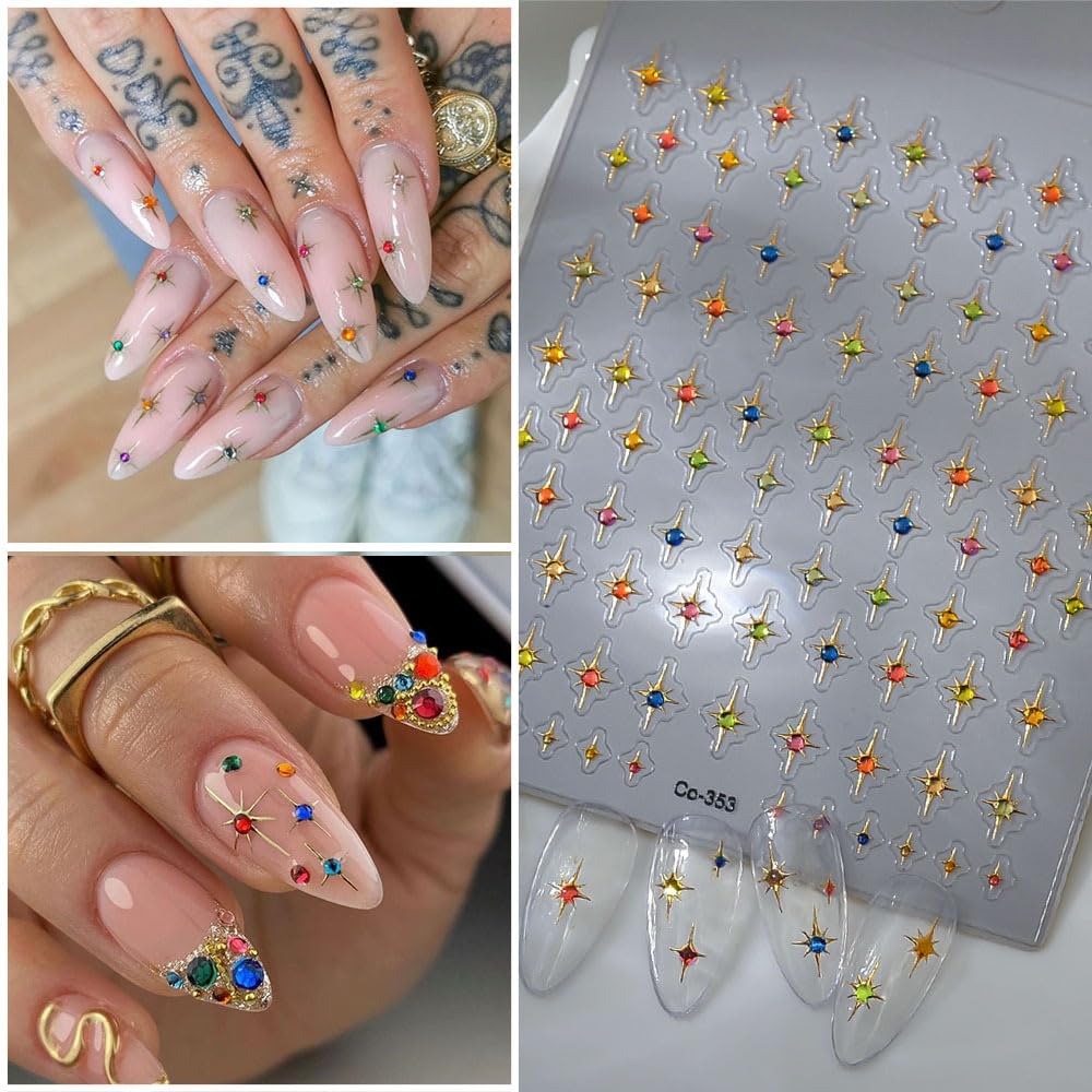 5D Embossed Nail Art Stickers Star Nail Decals Gold Gems Self-Adhesive Nail Stickers for Nails Art 3D Quadrangular Star Design Red Manicure Decorations Nails Supplies for Women