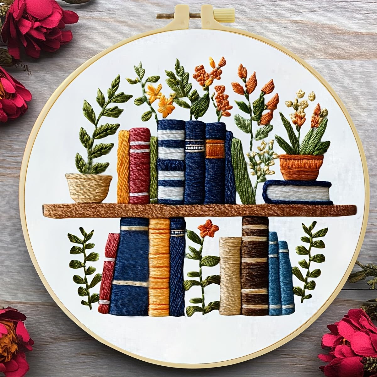 JOZYSH Beginners Stamped Books and Flowers Pattern Embroidery Kit Cross Stitch Kit Embroidery Starter Kit with Instructions, Embroidery Hoops for Home Ofiice Decor