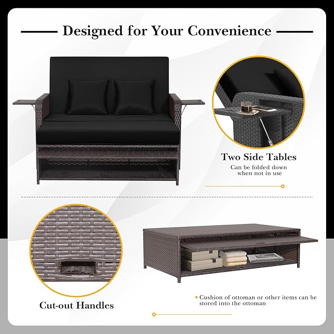 HAPPYGRILL Patio Rattan Wicker Daybed with Loveseat & Storage Ottoman, Outdoor Lounge Sofa Furniture Set with Adjustable Backrest & Side Trays, for Poolside Deck Porch Lawn (Mix Brown & Black)