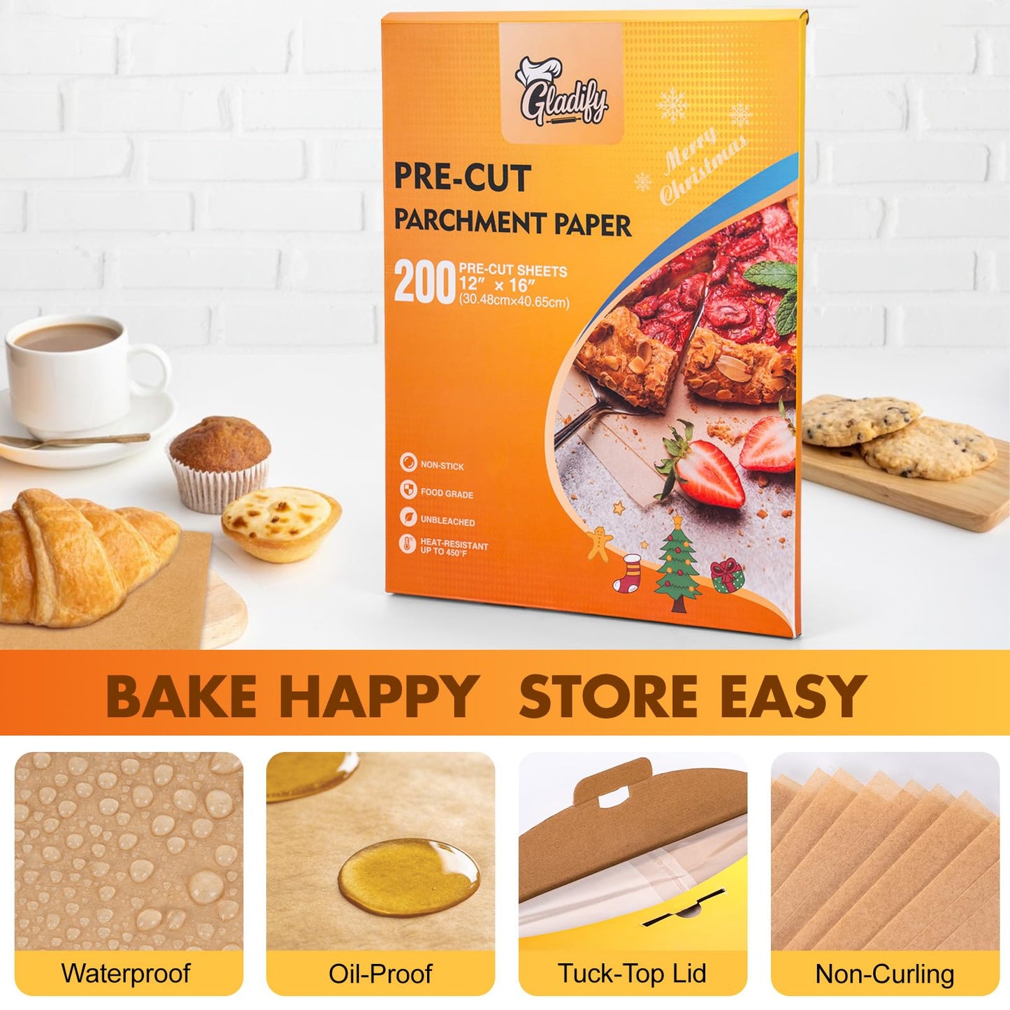 Gladify 200Pcs 12"x 16" Unbleached Parchment Paper Sheets for Baking，Pre-cut Half Baking Parchment Paper, No-Stick & No-Leak Heavy Duty Cooking Paper for Air Fryer, Oven, Wrap Bread
