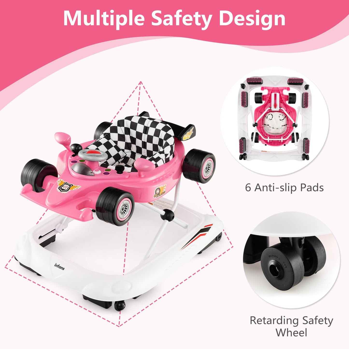INFANS Foldable Baby Walker, 3 in 1 Toddler Activity Center Leaning-Seated Walk-Behind with Steering Wheel, Adjustable Height, Lights, Music, Washable Seat Cushion (Pink)