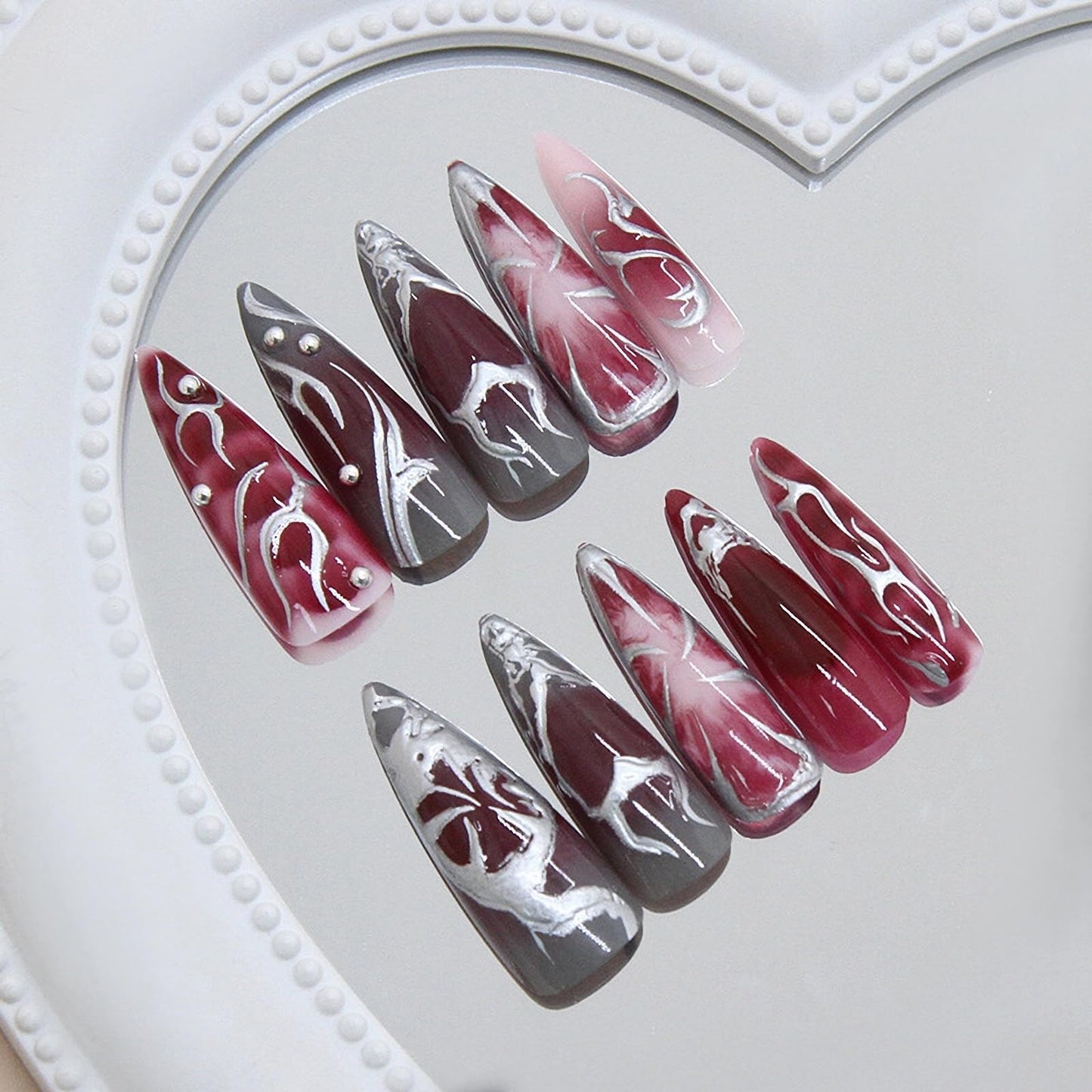 MISUD Press on Nails - Long Stiletto Fake Nails with Goth Red Gray, Acrylic Silver Chrome Design 24 pcs
