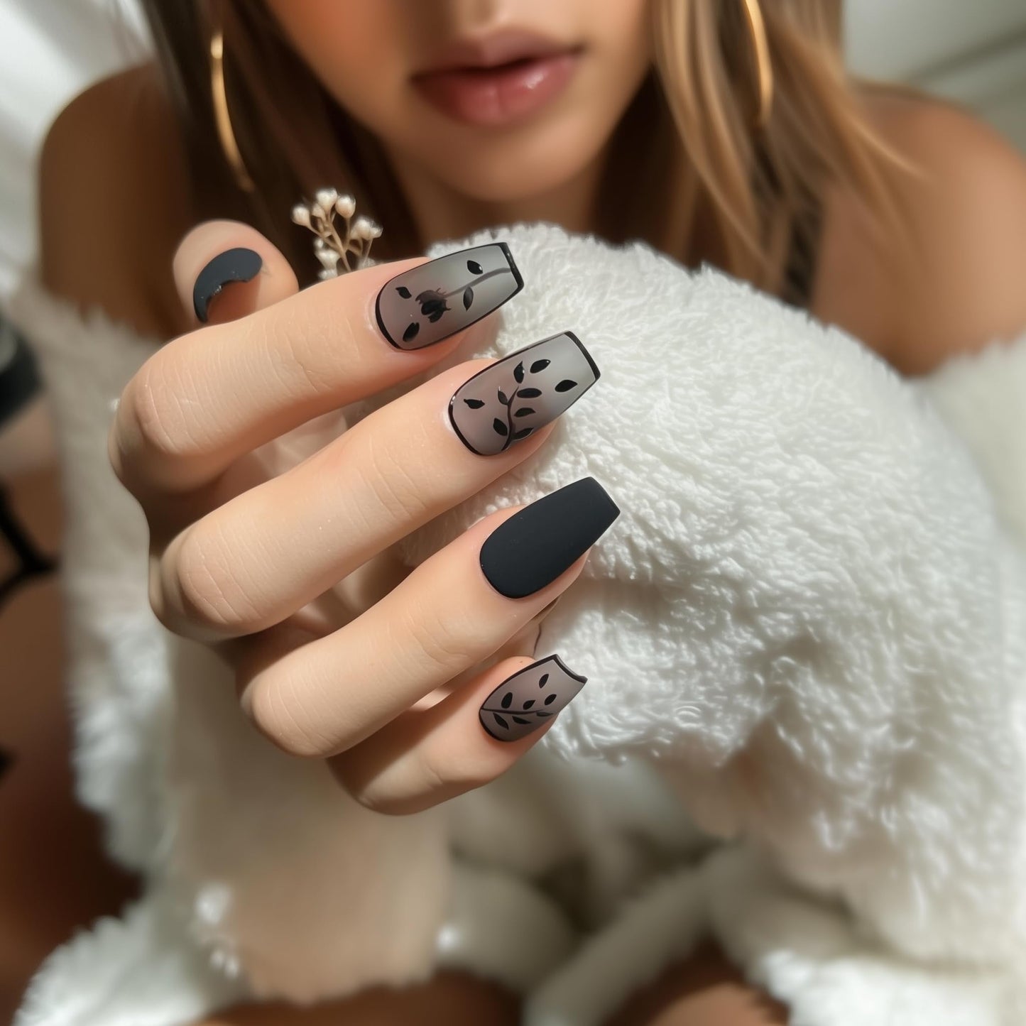 Fine Point Handmade Salon-Quality Fake Nails, Short Press On Nails, 3D Design, Matte Black Lace, See-Through, Elegant Reusable Acrylic Nails, 10 Pieces (Size Large)