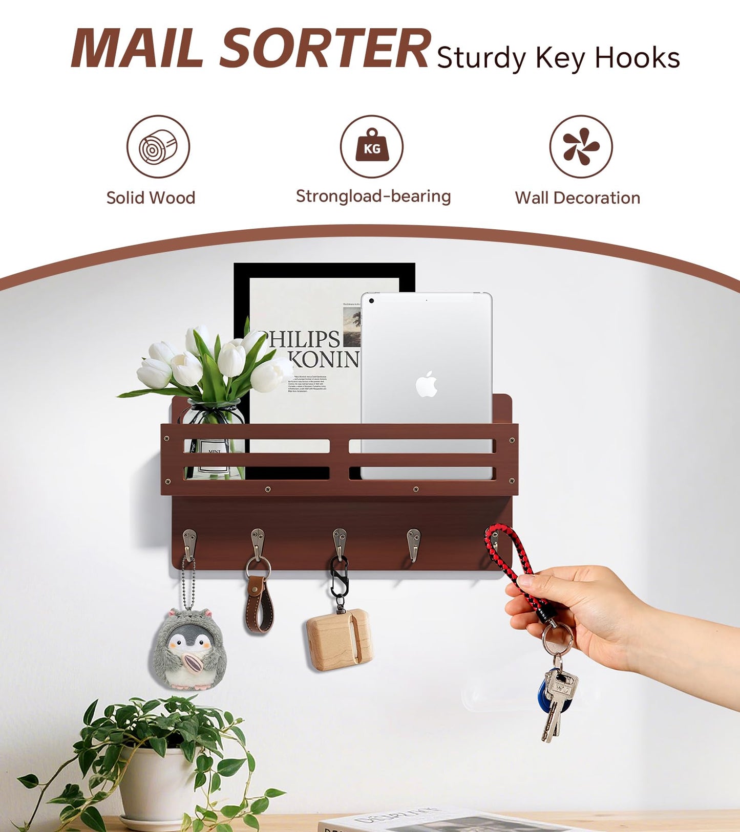 KISENG Key Holder Wall Mount Farmhouse Key Hooks for Wall with Mail Organizer Decorative Key Rack with 5 Sturdy Hooks for Dog Leash, Sunglasses, Rustic, Paulownia Key Hanger for Entryway
