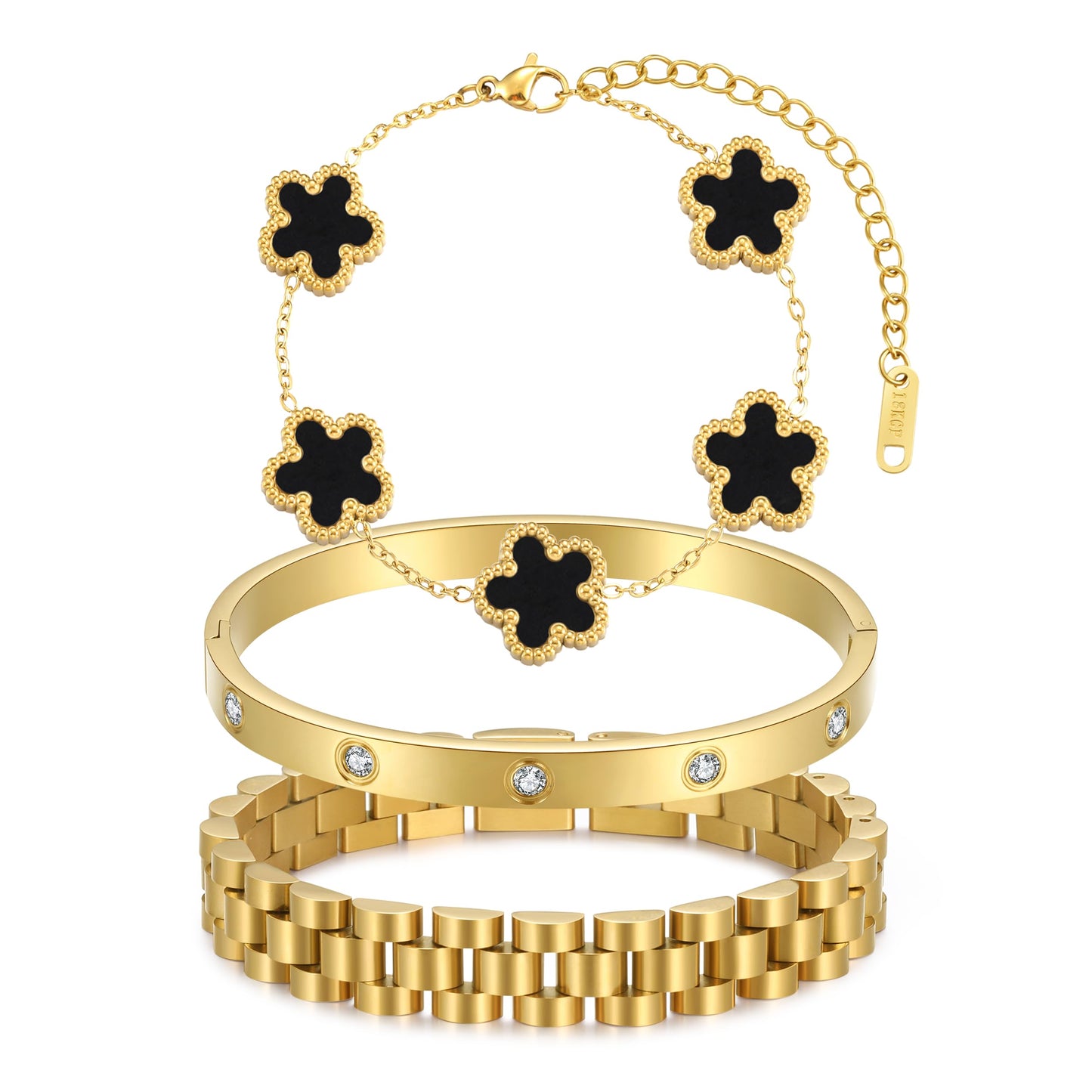 YOQ Stackable Four Leaf Clover Bracelets for Women, 18K Gold Plated Love Bangle Bracelets Set, 3 Pcs Charm Jewelry Gifts (Black)