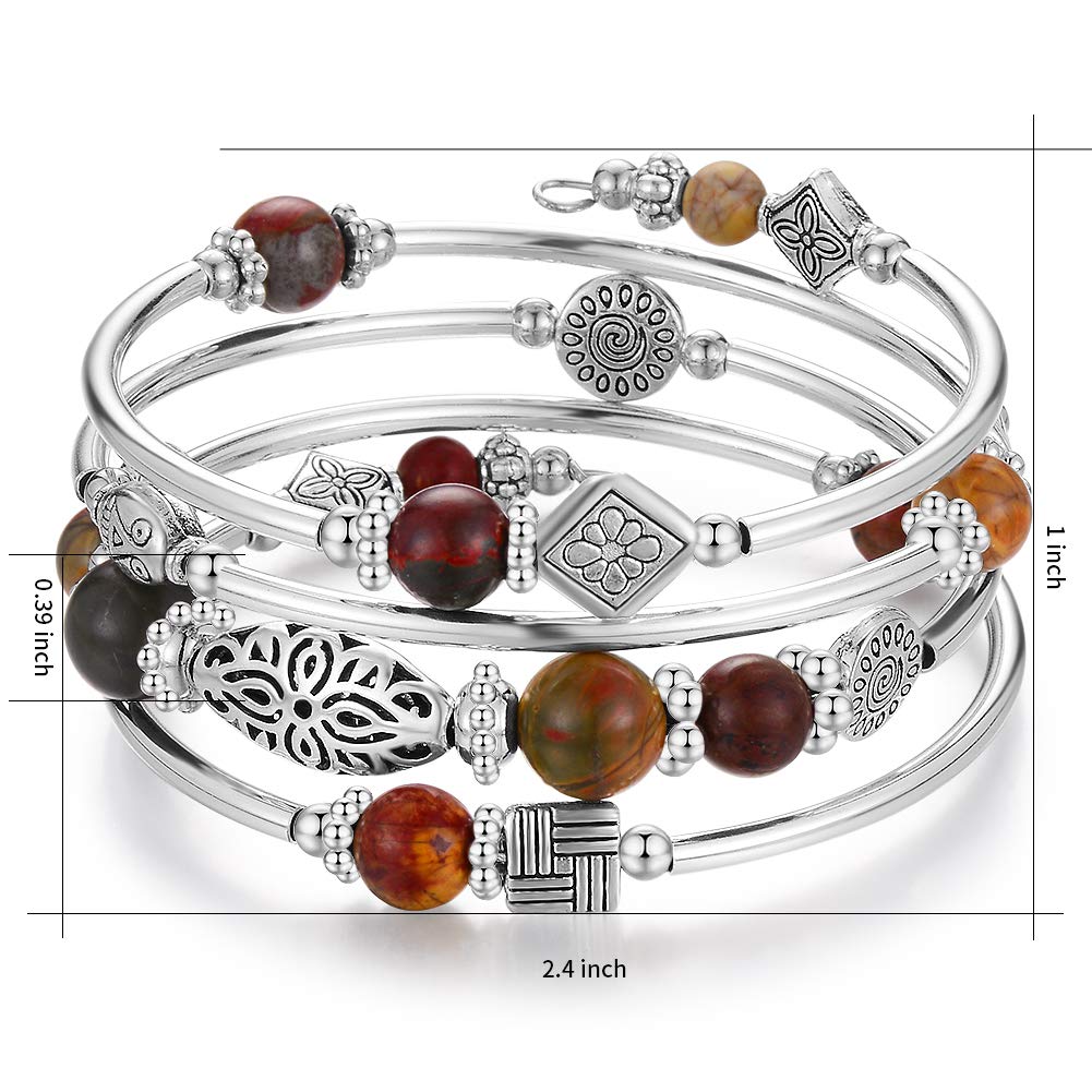 BULINLIN Layered Wrap Bangle Turquoise Bracelet - Bead Bracelet with Natural Agate Stone, Gifts For Women (06-Picasso)