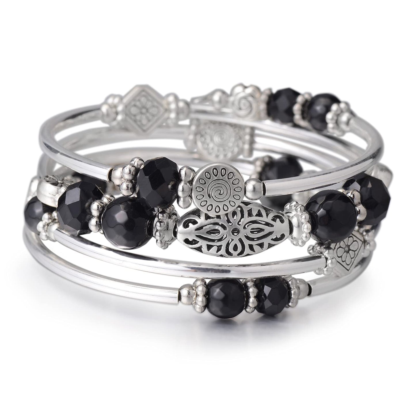 FULU AUTUMN Stackable Beaded Bracelets for Women Boho Wrap Silver Bracelet Layered Fashion Jewelry Gifts for Her(Black)
