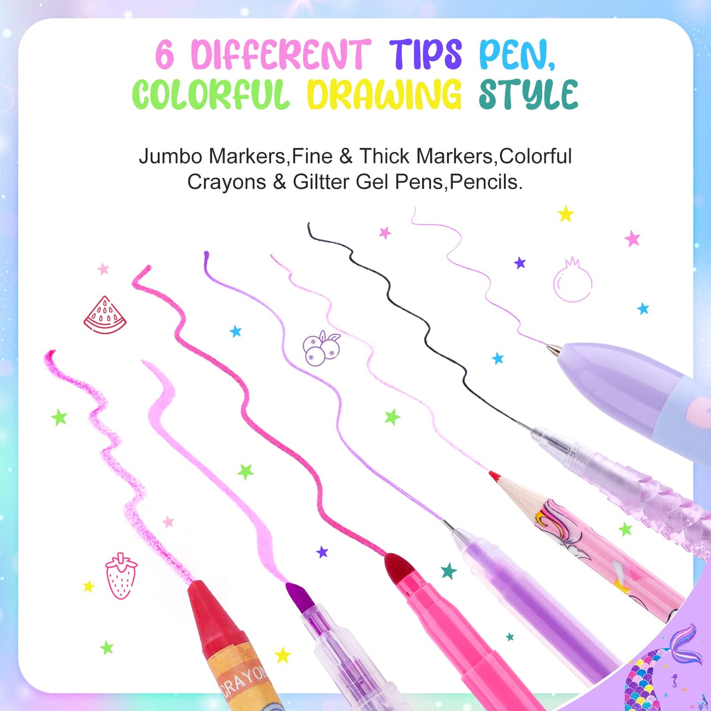 MAIGOZON Mermaid Art Craft Kit for Kids, 56 Piece Set with Pencil Case, Markers, Crayons, Gel Pens, Erasers, Stencils, Ruler